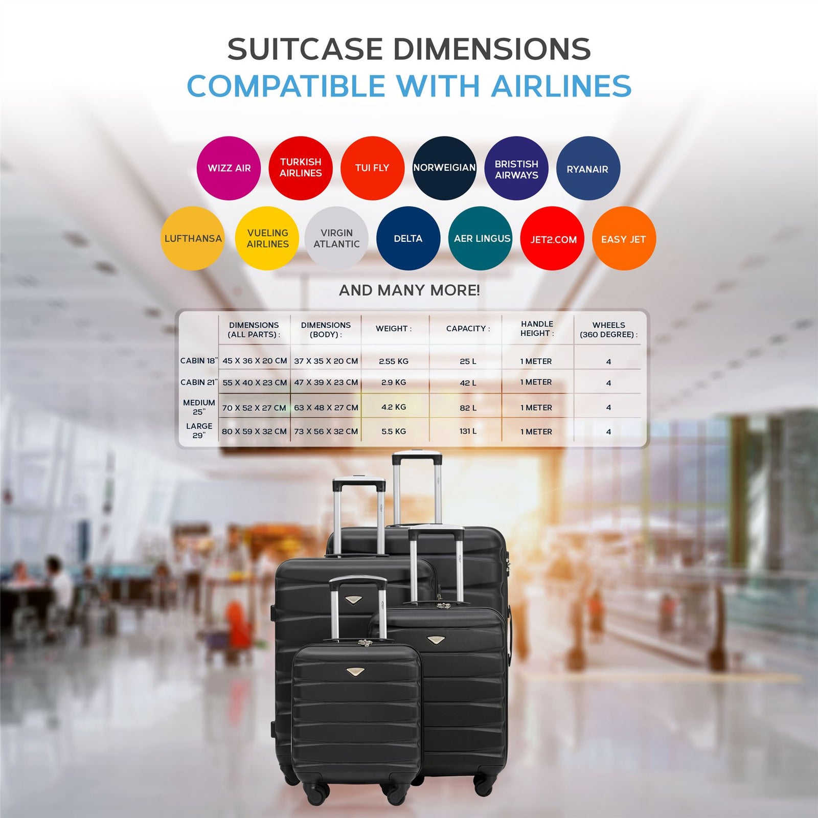 Set Of 4 Hard Suitcases Cabin & Hold Luggage - Underseat Cabin, Overhead Cabin With Medium And Large Checkin Hold Suitcases Set | Set-of-4 | Black