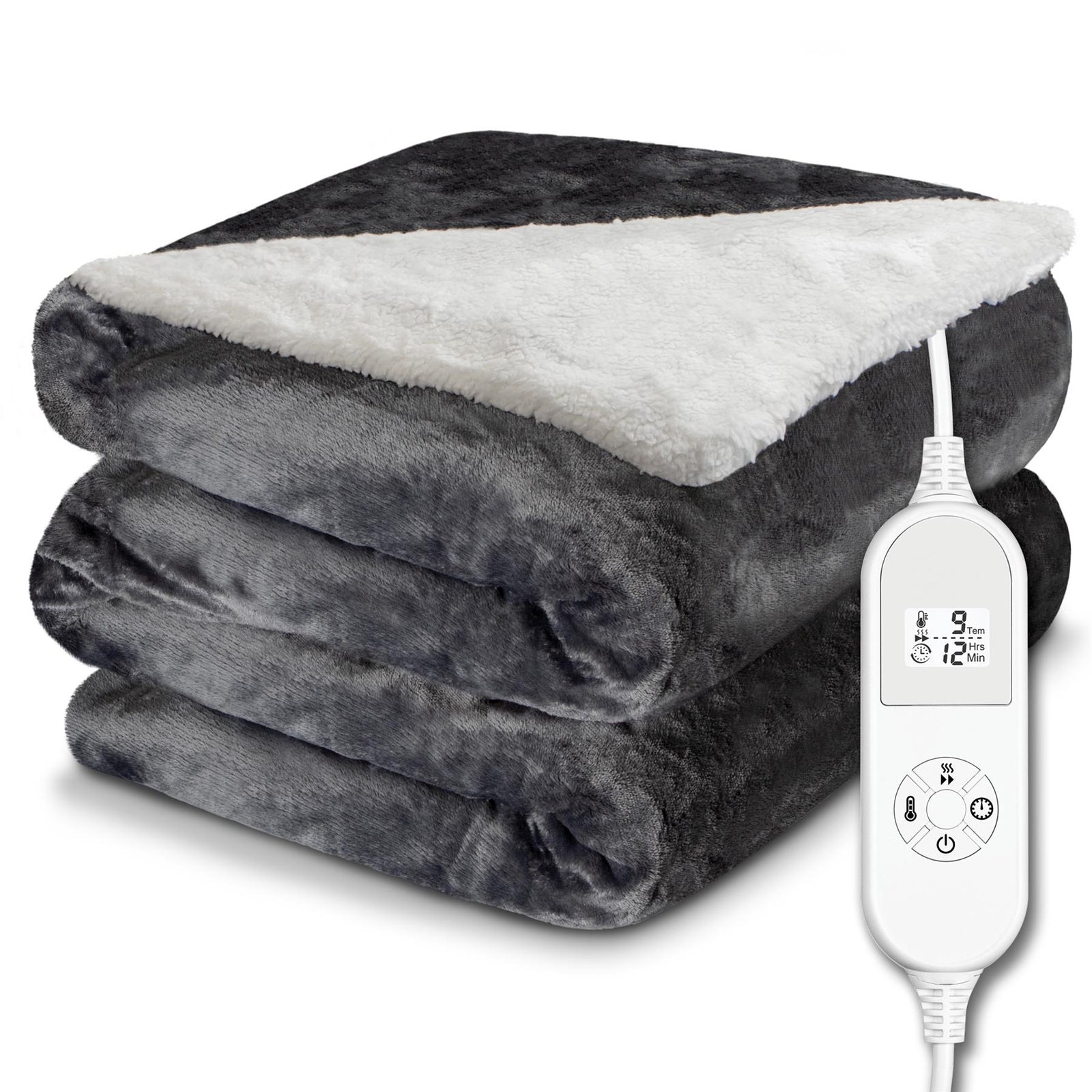 Sherpa Fleece Electric Heated Throw Over Blanket Double Polyester 160cm X 120cm | L | Grey