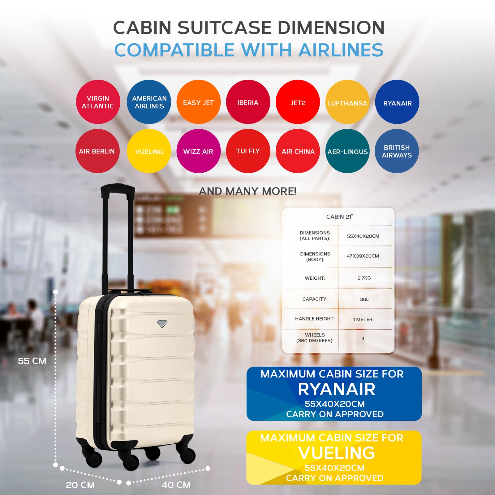 55x40x20cm Lightweight Luggage Hard Shell Cabin Suitcase 60+ Airlines Approved - Carry On Case - 4 Wheels | 55 x 40 x 20cm | Cream & Black