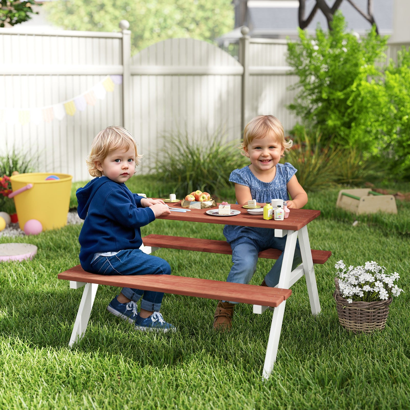 Outsunny Kids Picnic Table, Wooden Table And Bench Set For 3-8 Years, Brown