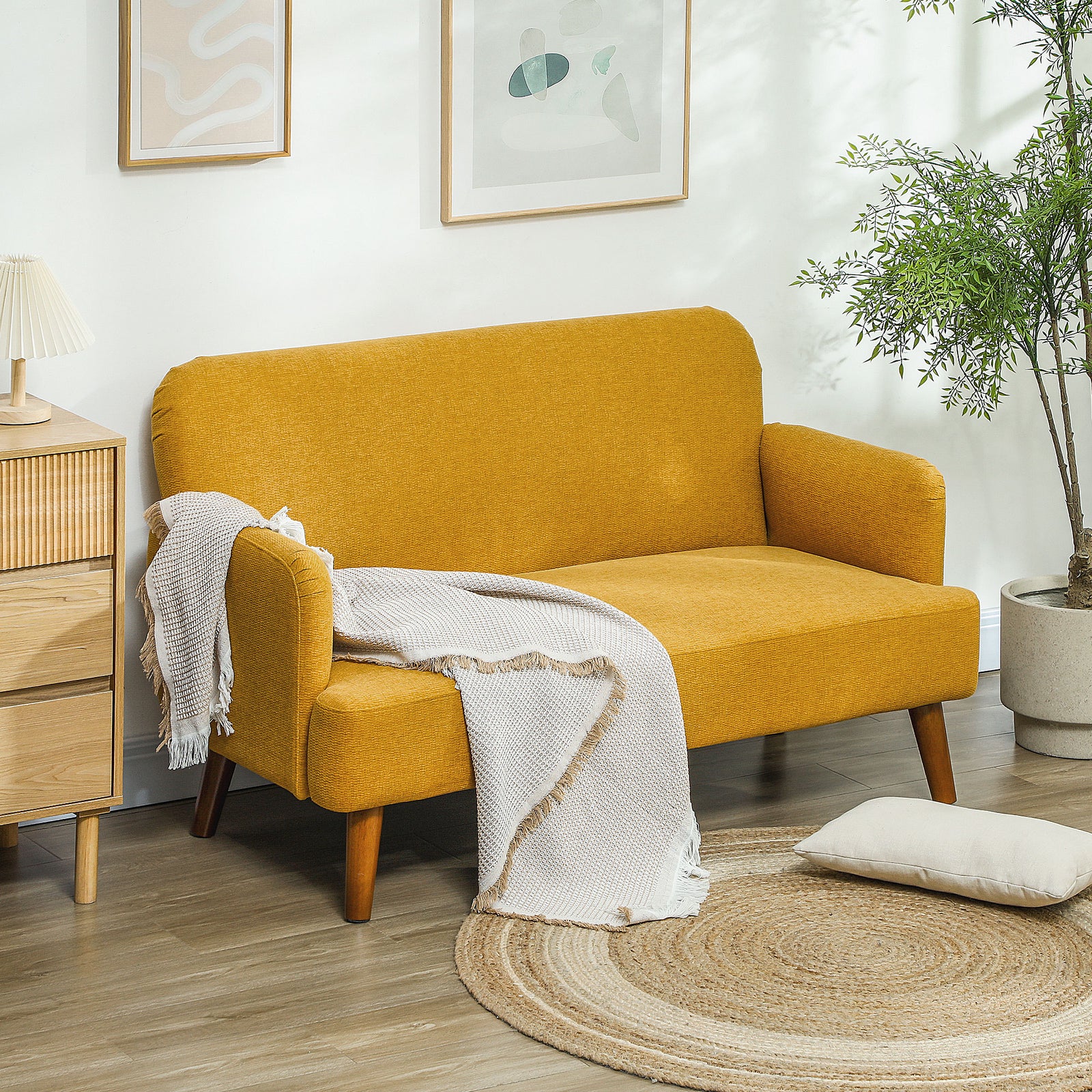 2 Seater Sofa With 21cm Thick Padding And Wood Legs | Yellow