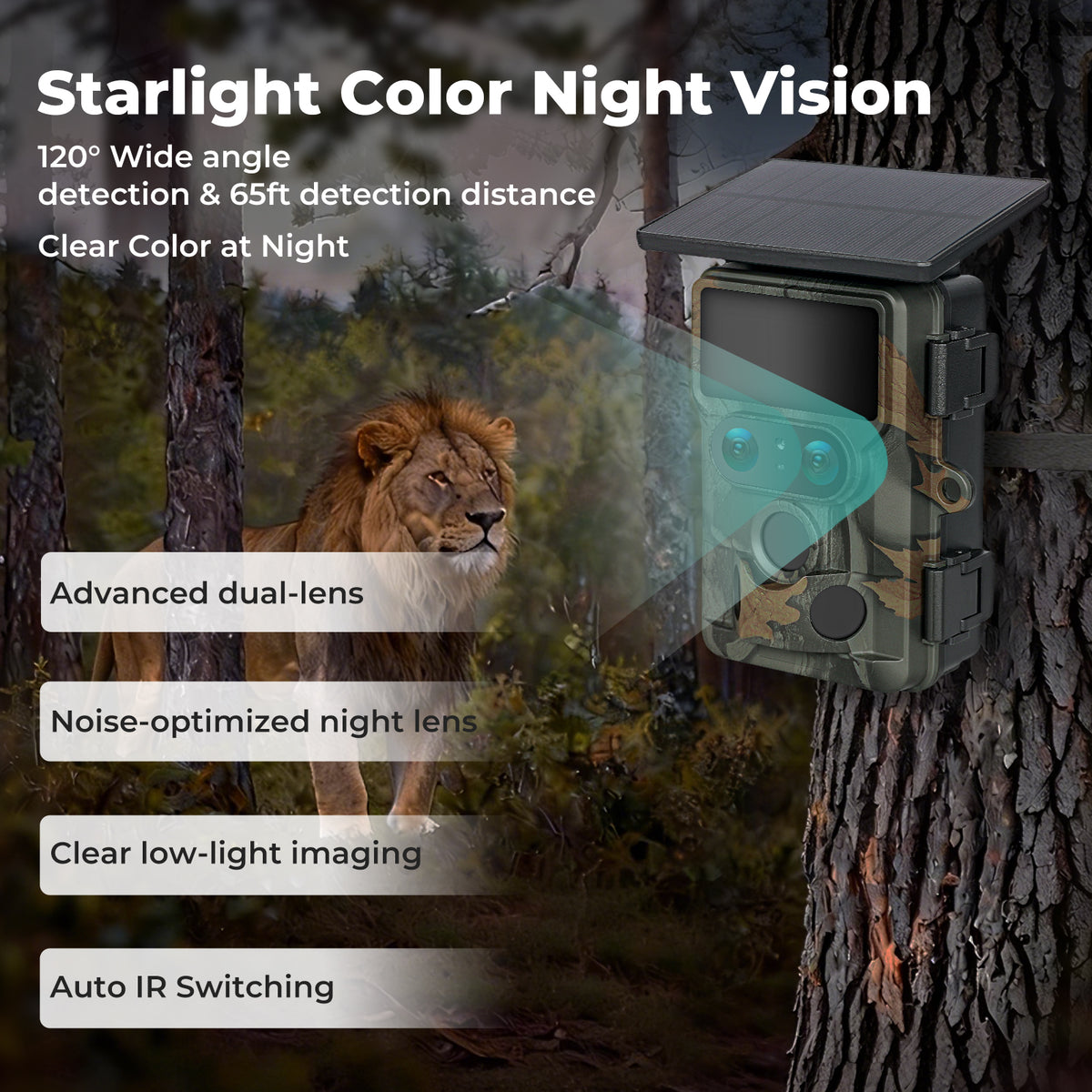Solar Trail Camera 4k Dual Lens Wifi Bluetooth Night Vision 32gb Card | Camouflage
