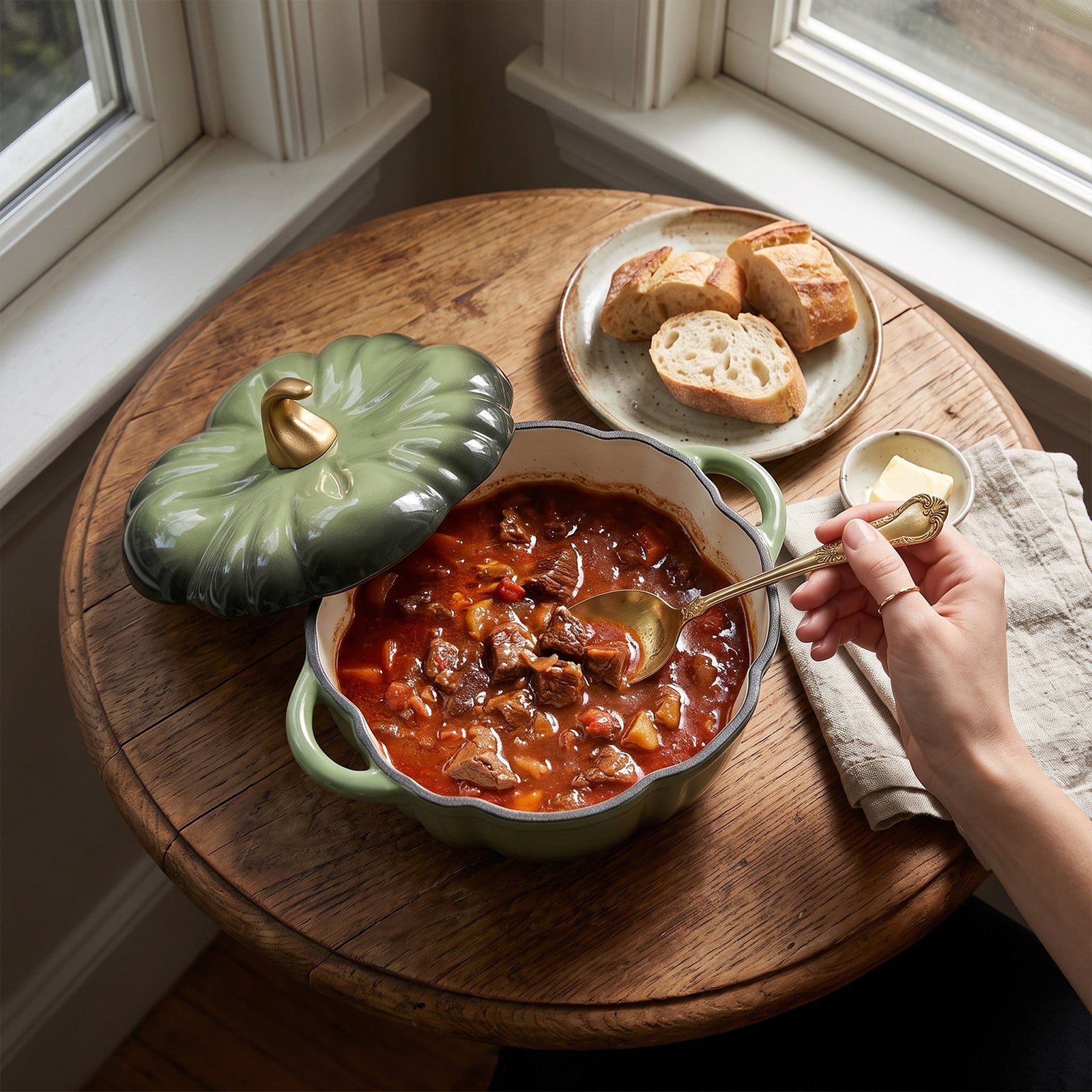 Enamelled Cast Iron Pumpkin Dutch Oven With Lid And Handles | Green