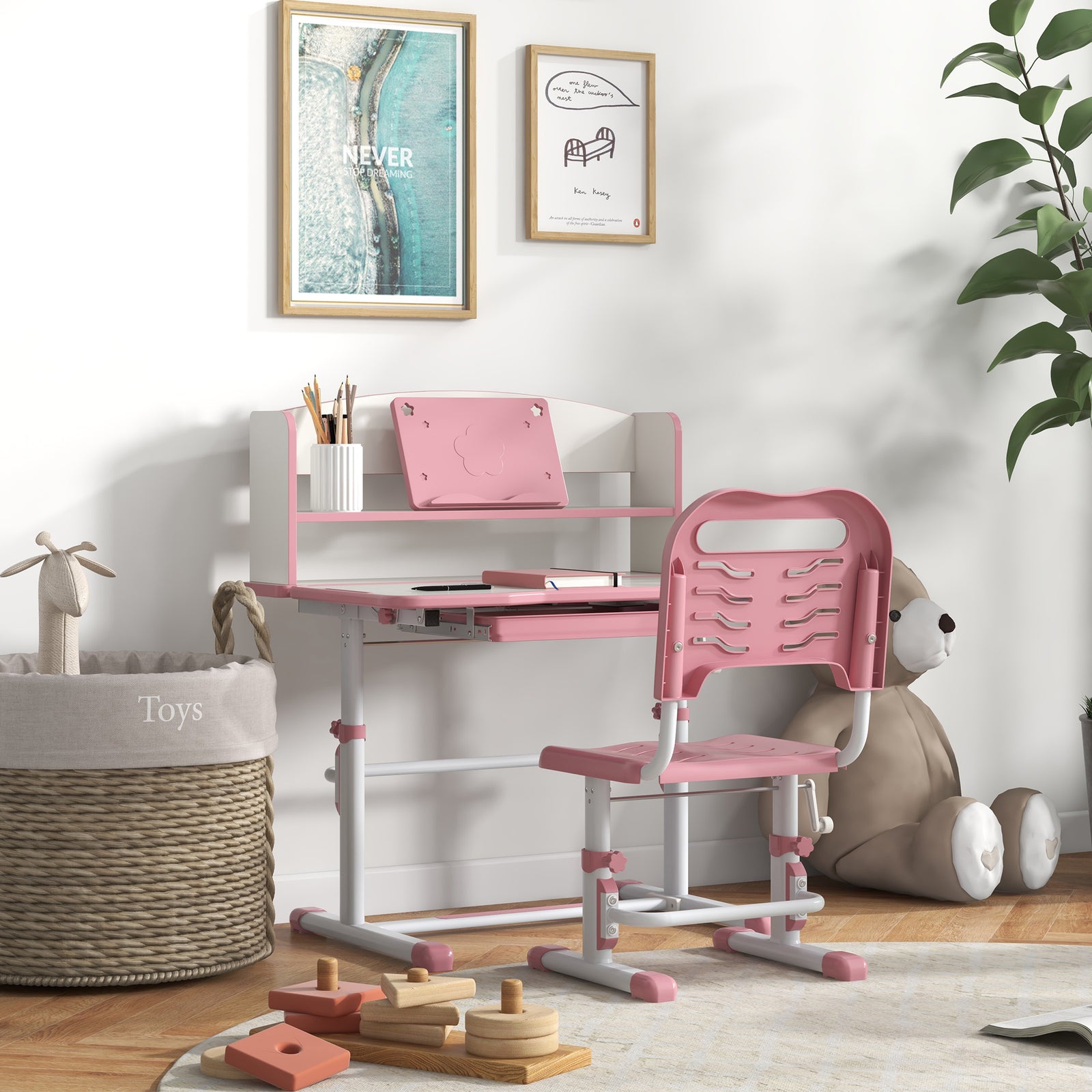 Height Adjustable Kids Desk And Chair Set, With Drawer, Bookshelf | Pink