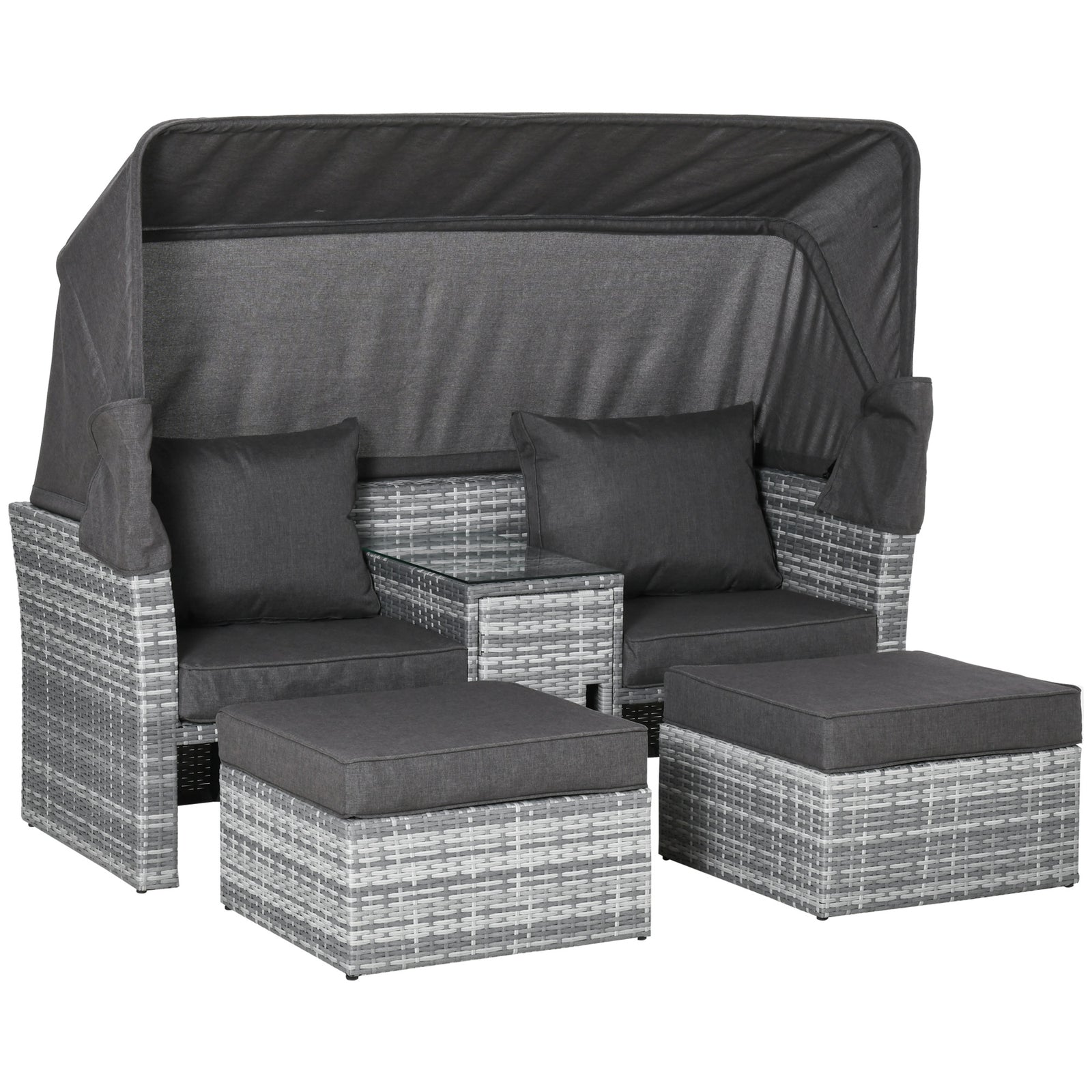 3 Pc Outdoor Rattan Daybed Sofa Table W/ Canopy