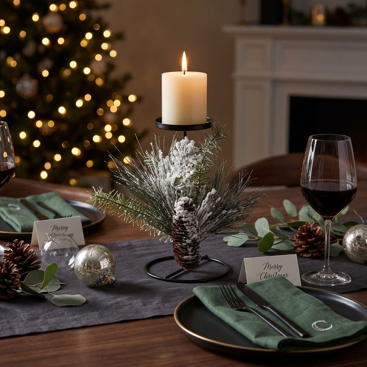 HOMESCAPES Frosted Artificial Pine Branch Christmas Candle Holder
