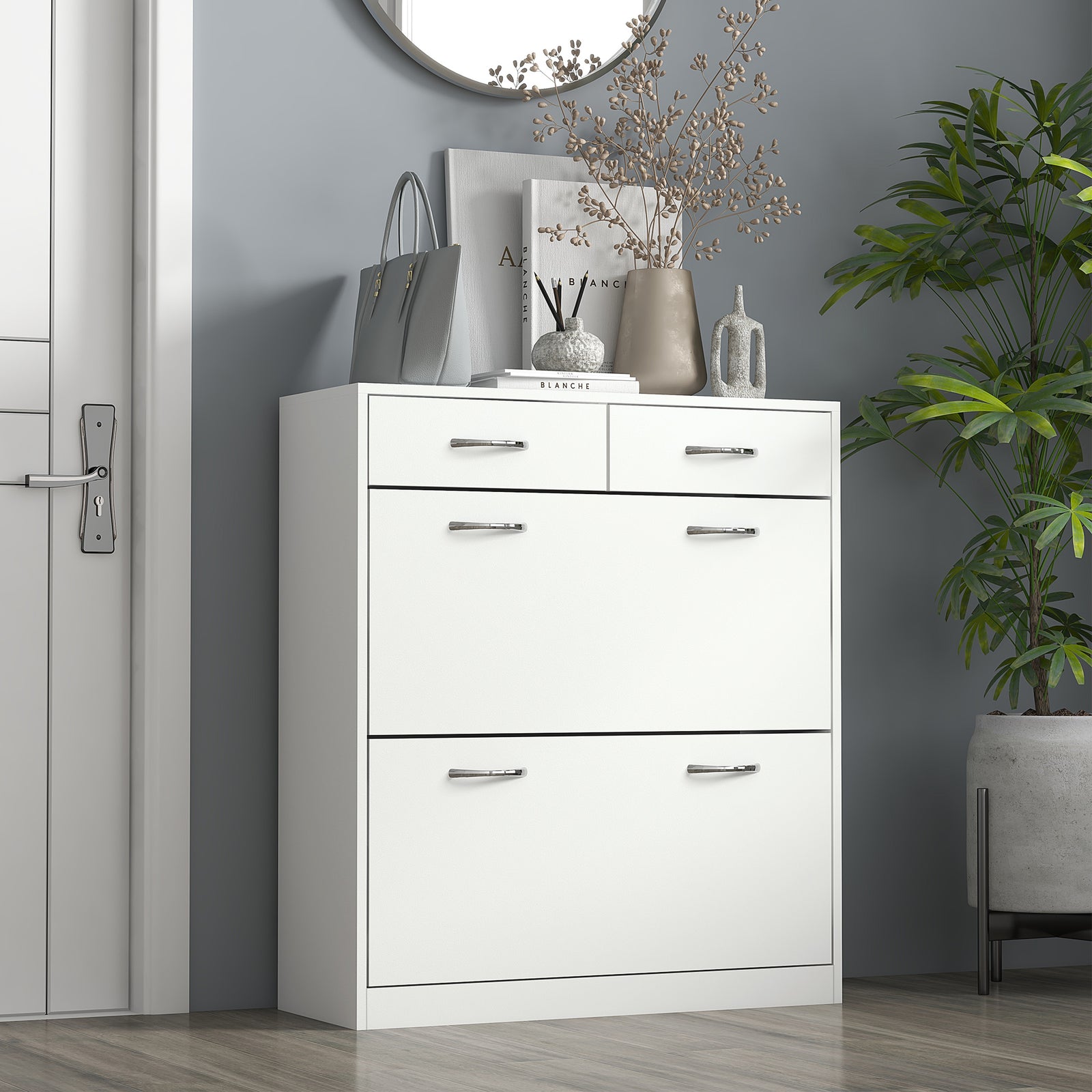 Slim Shoe Cabinet With 2 Flip Drawers For 12 Pairs Of Shoes