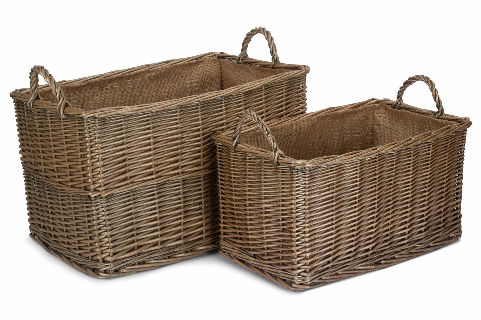 Wicker Antique Wash Rectangular Hessian Lined Basket | Set-of-2 | Brown