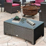 Garden Rattan Side Table,wicker Coffee Desk, Glass Top | Black