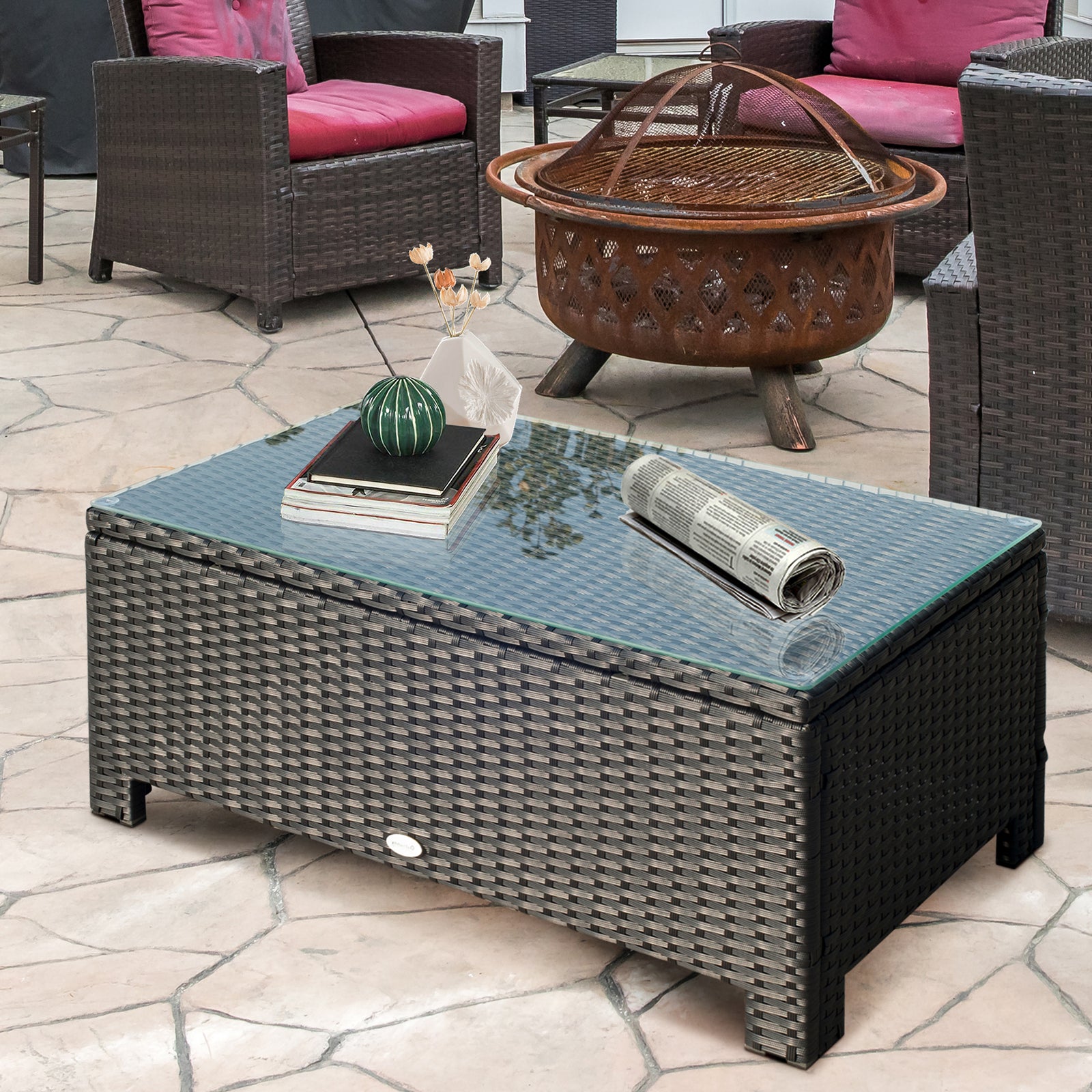 Garden Rattan Side Table,wicker Coffee Desk, Glass Top | Black