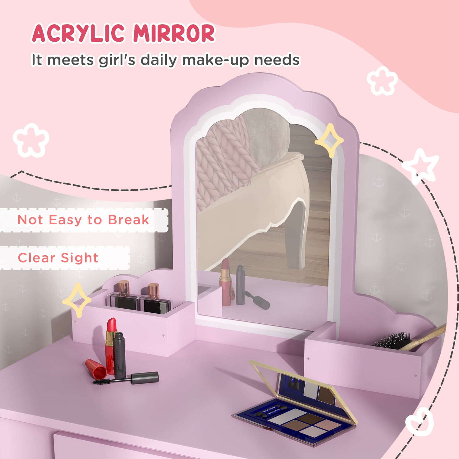 Dressing Table With Mirror And Stool, Drawer, Storage Boxes, Cloud Design | Pink