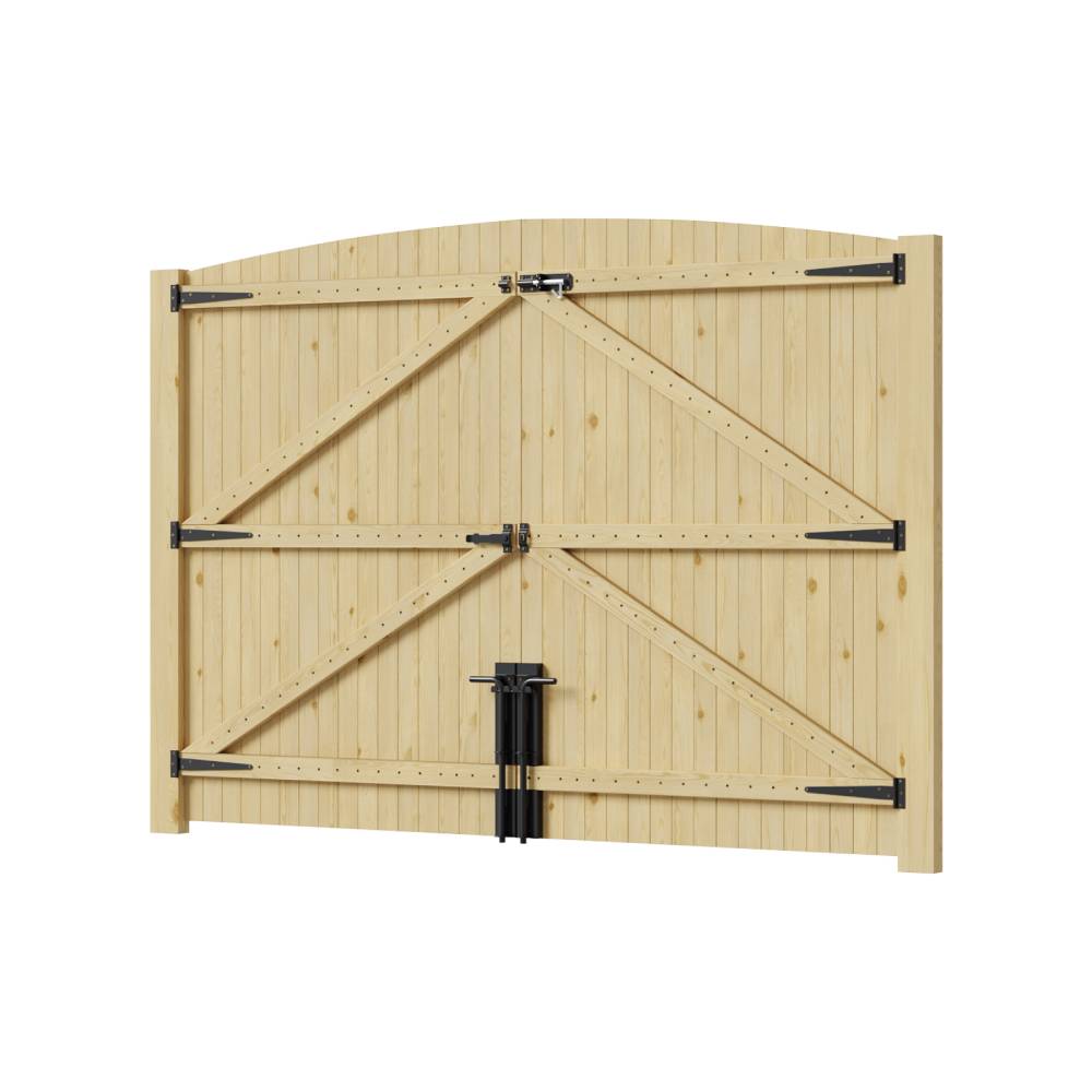 Heavy-duty Solid Spruce Wood Arched Double Door Gate With Clear Varnish Finish, Weather-resistant,hardware Kit Included – Outdoor Use | Large