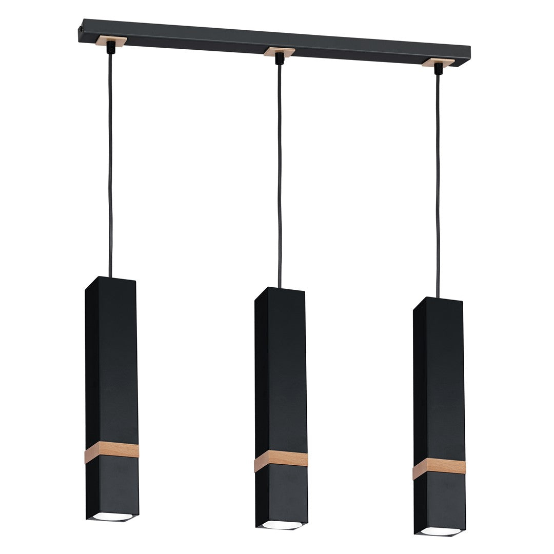 Vidar Black Pendant Lamp 3xgu10 Hand Made Modernist Cuboid Design With Natural Wooden Inserts