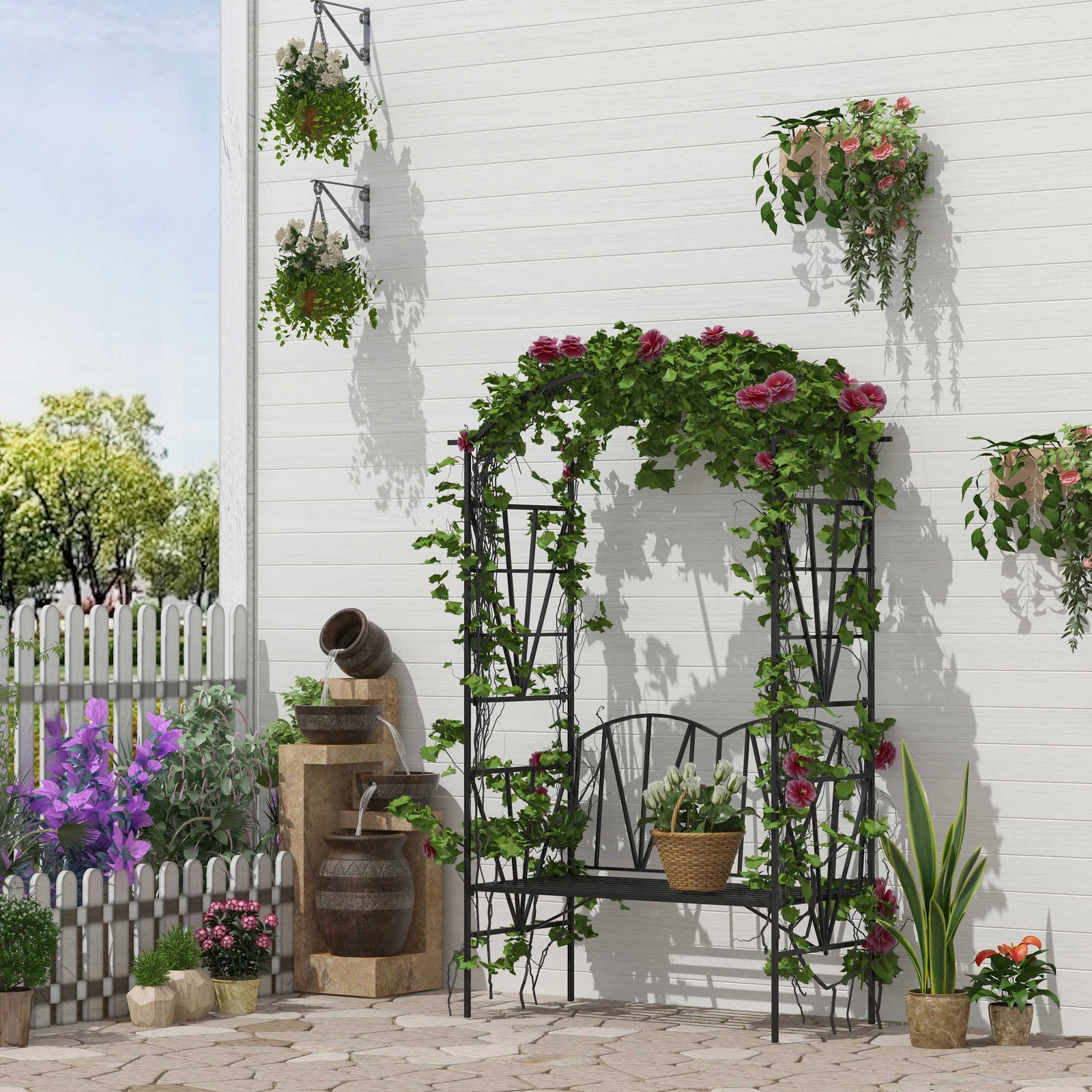 Outsunny Garden Bench, Metal Garden Loveseat With Arch For Climbing Plants