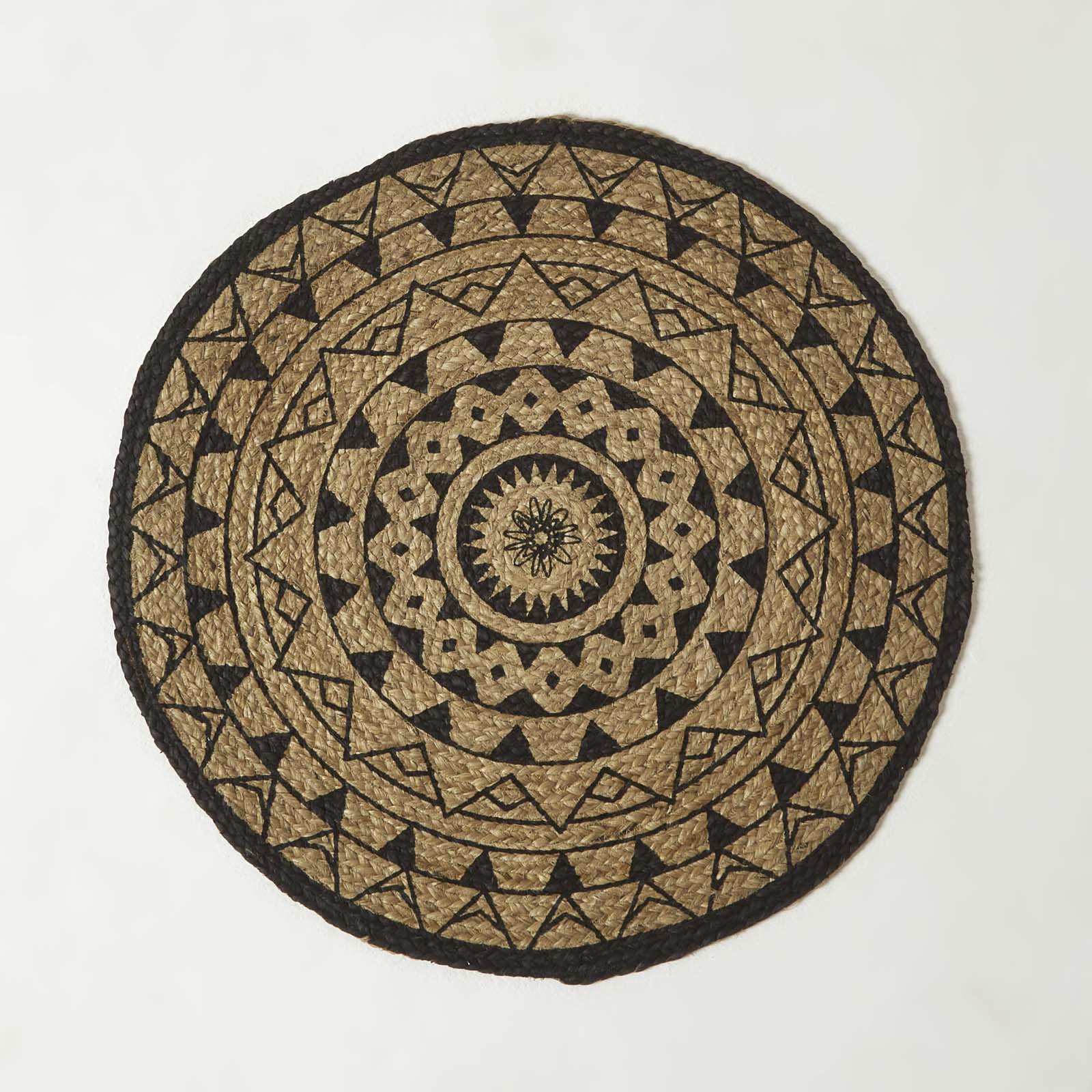 Natural & Black Mandala Braided Jute Rug Round | 70cm x 70cm | Black