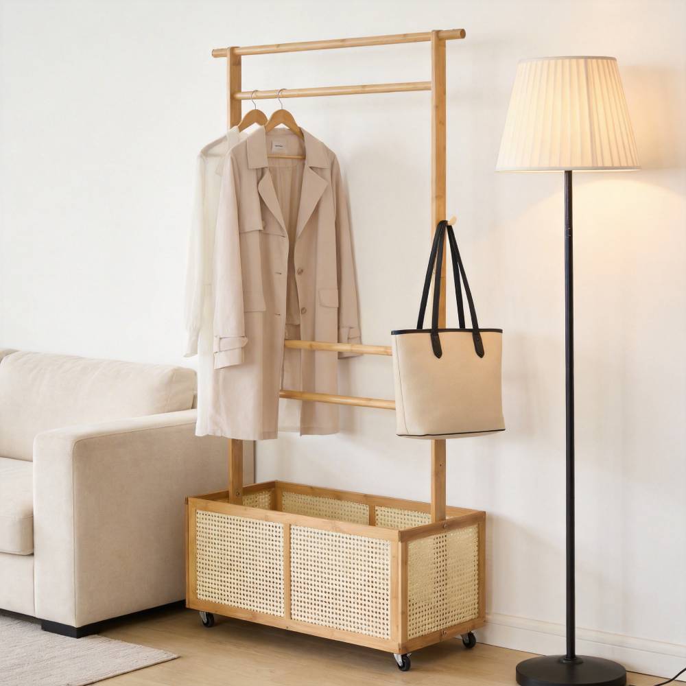 Breeins Freestanding Bamboo Clothes Rack With Rattan Basket