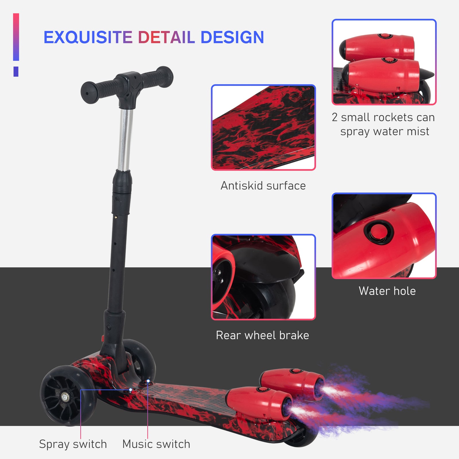 Child 3-wheel Scooter Light Music Water Spray Rechargeable 3-6 Yrs | Red