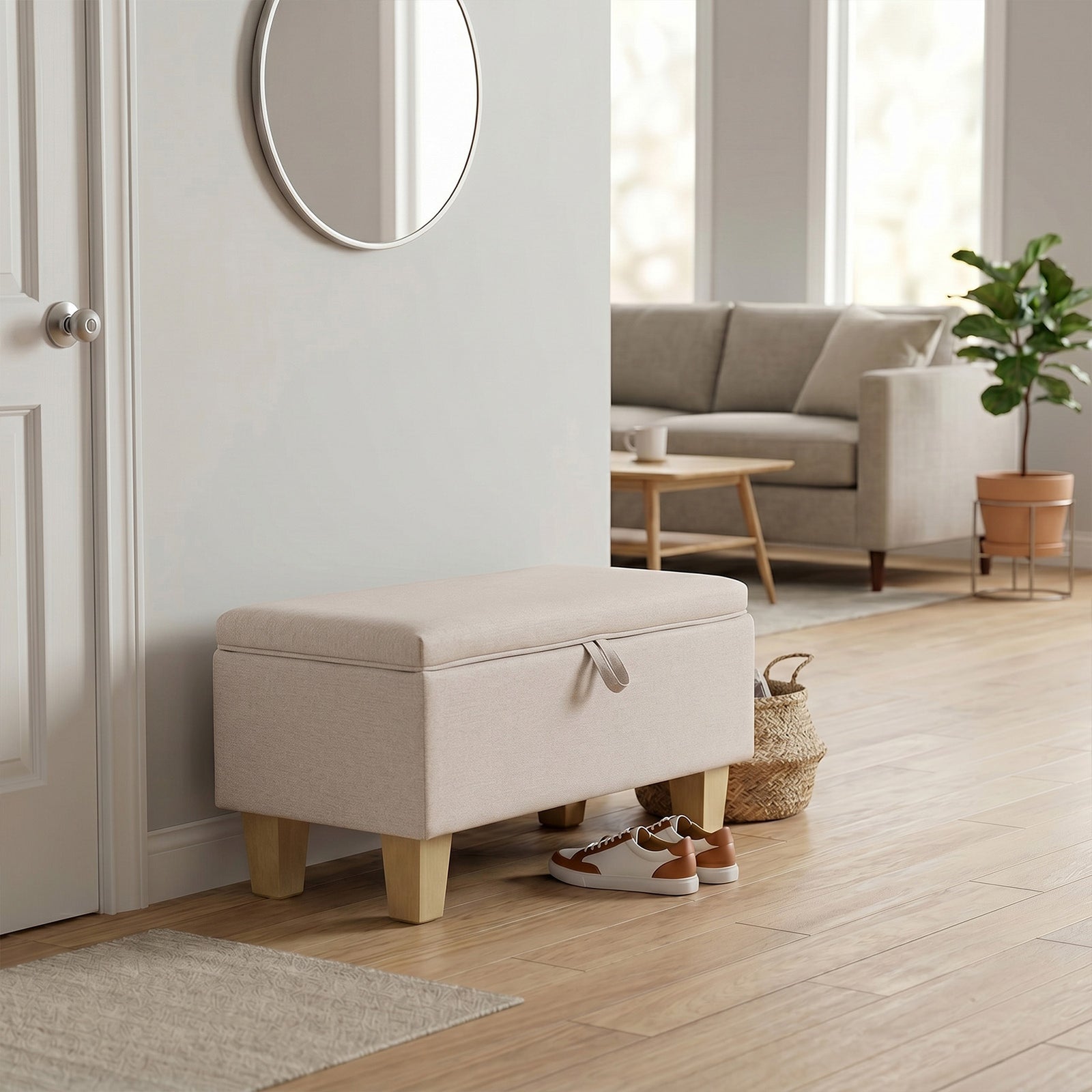 Modern Linen Upholstered Storage Bench | Pink