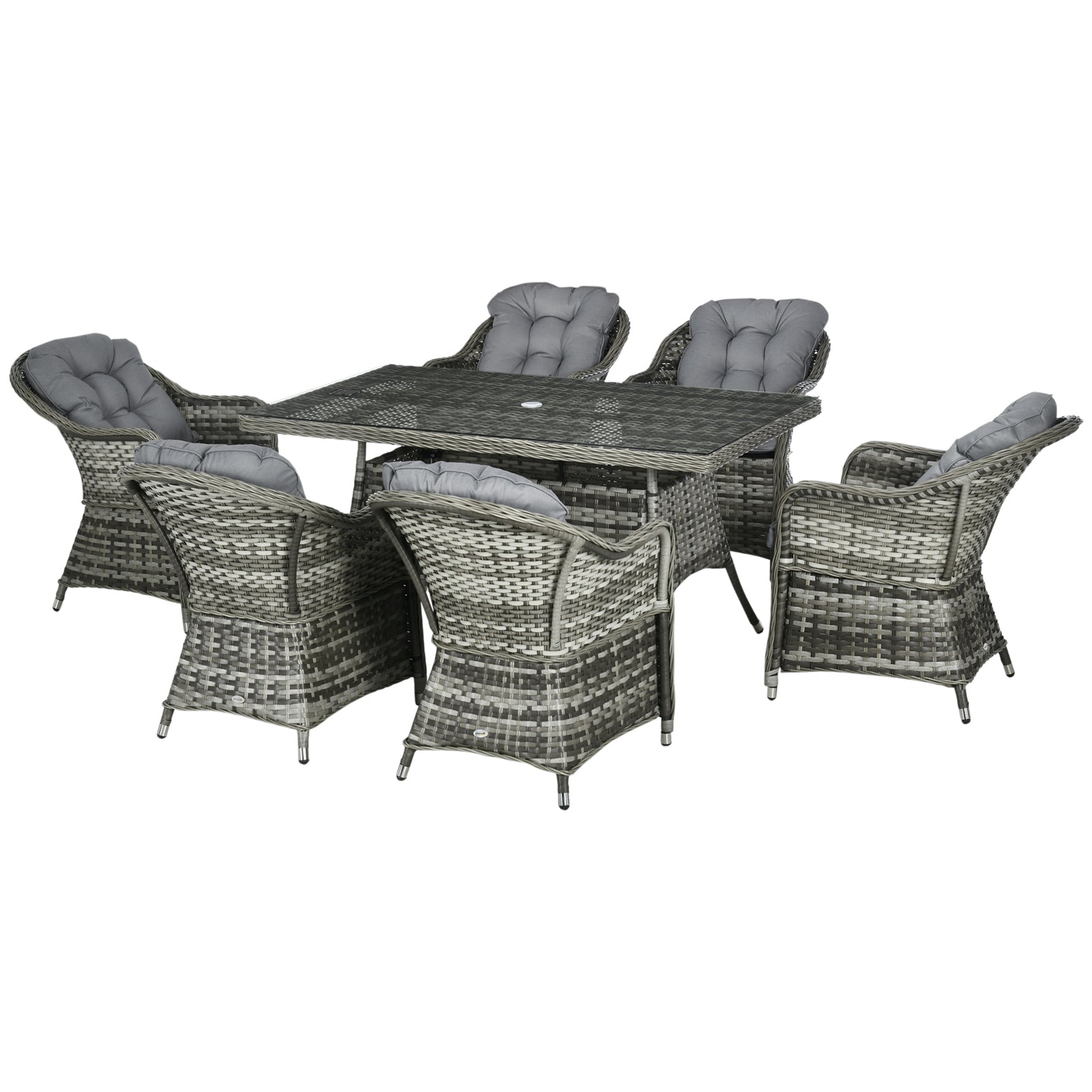 7 Pcs Rattan Dining Set W/ Tempered Glass Table