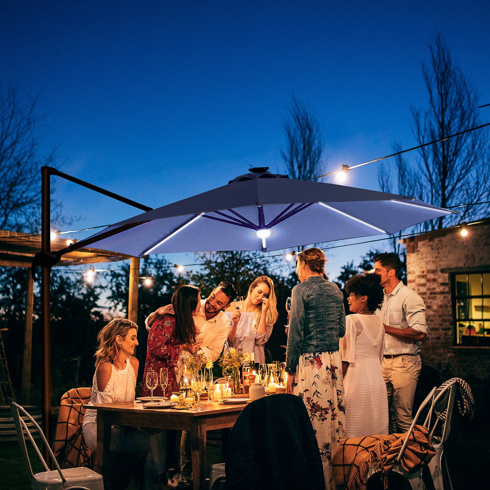 3m Led Cantilever Parasol W/ Base Solar Lights | Blue