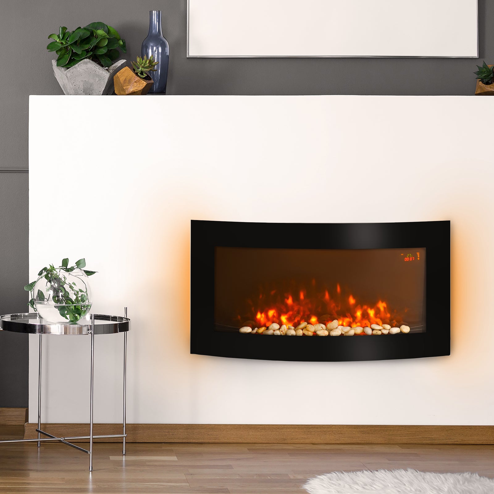 Electric Fireplace Wall Mounted Led Flame Curved Side Lights