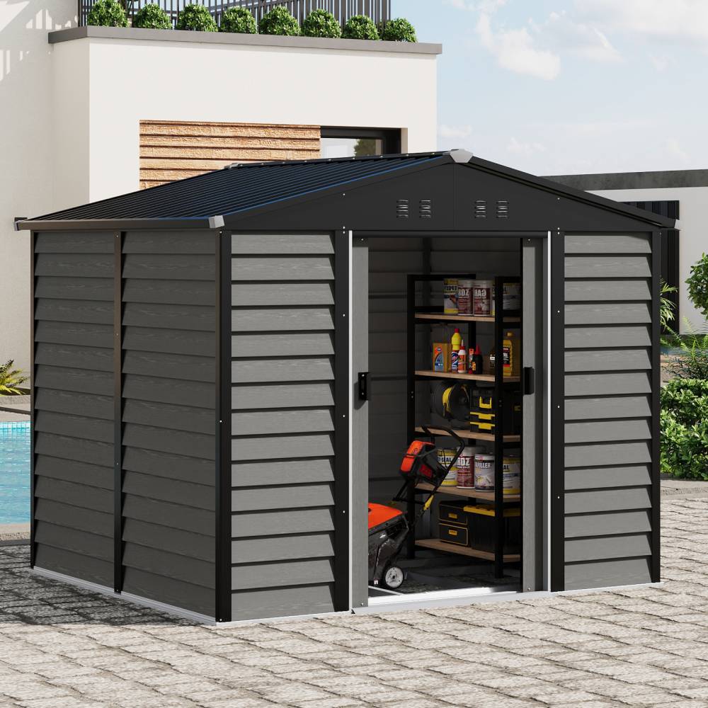 8 X 7 Ft Metal Storage Shed With Foundation, Double Sliding Doors & Vents, Weatherproof Outdoor Tool Shed For Garden Or Backyard