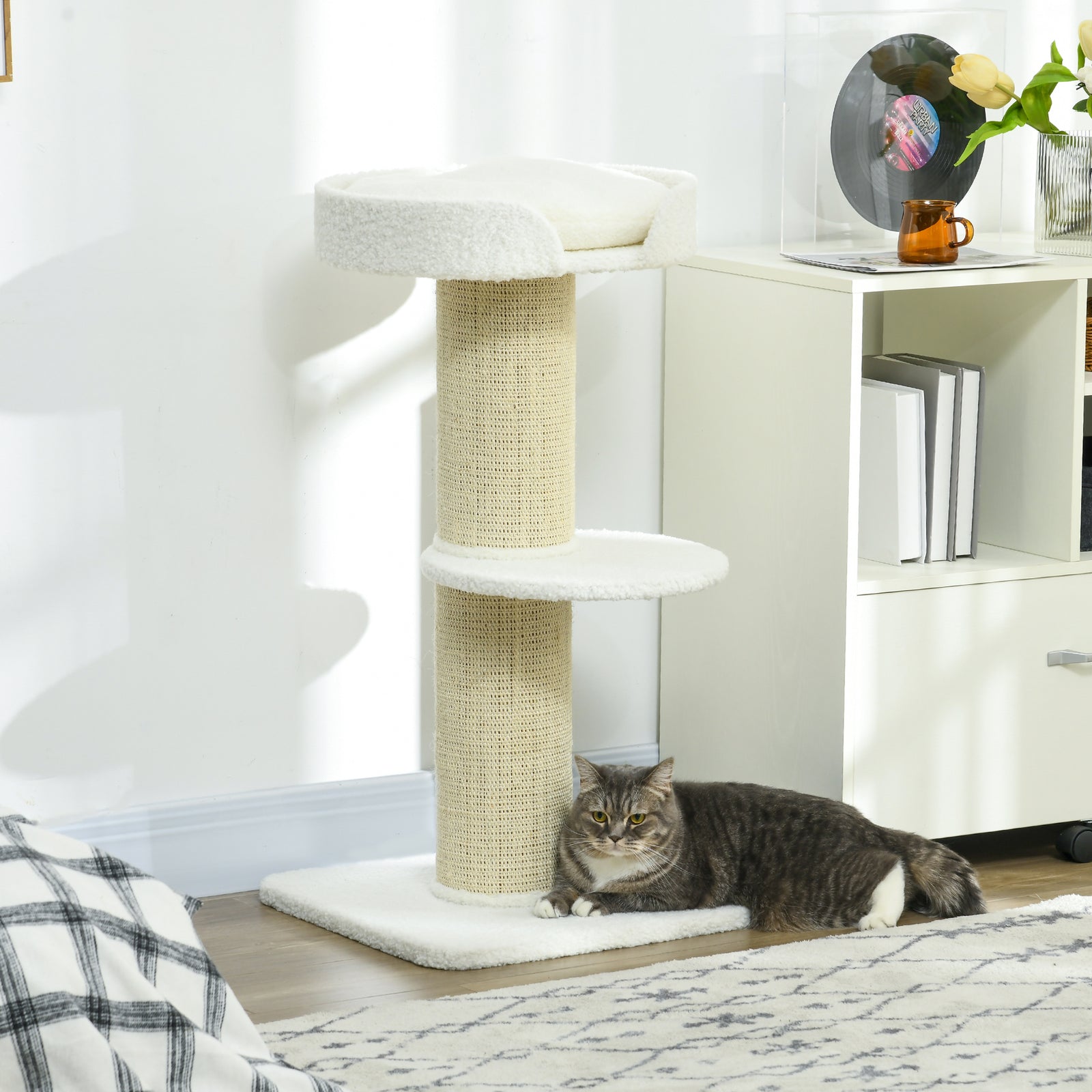 2-tier Cat Kitten Resting Tree W/ Top Basket Cushion Sisal Post | White