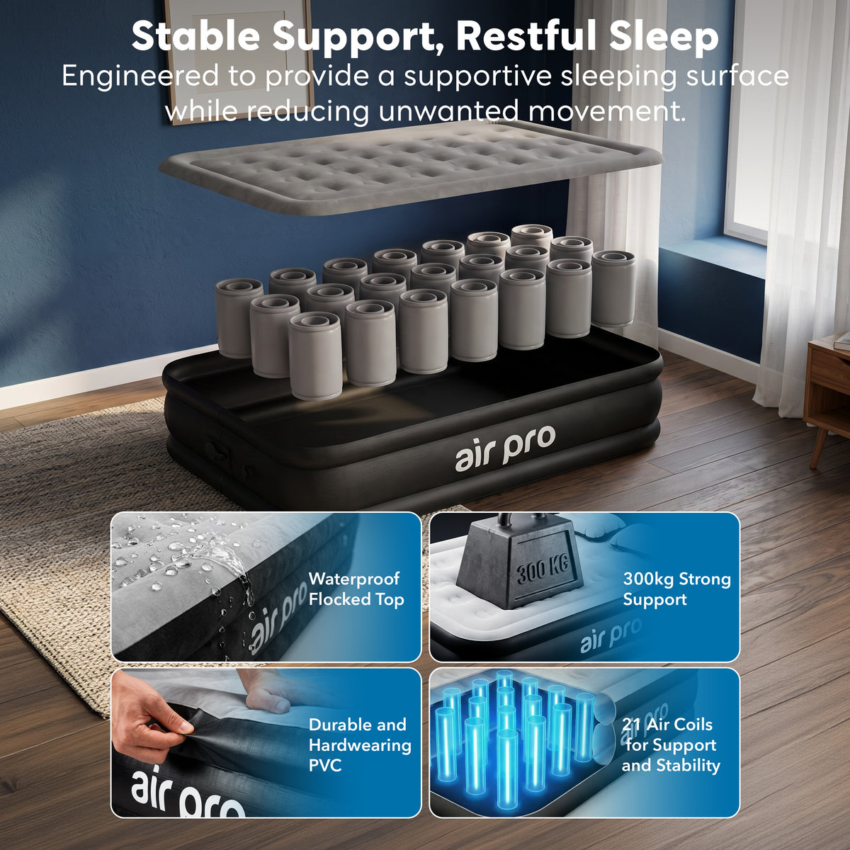 Inflatable Air Mattress With Soft Surface Built-in Electric Pump | Single | Black