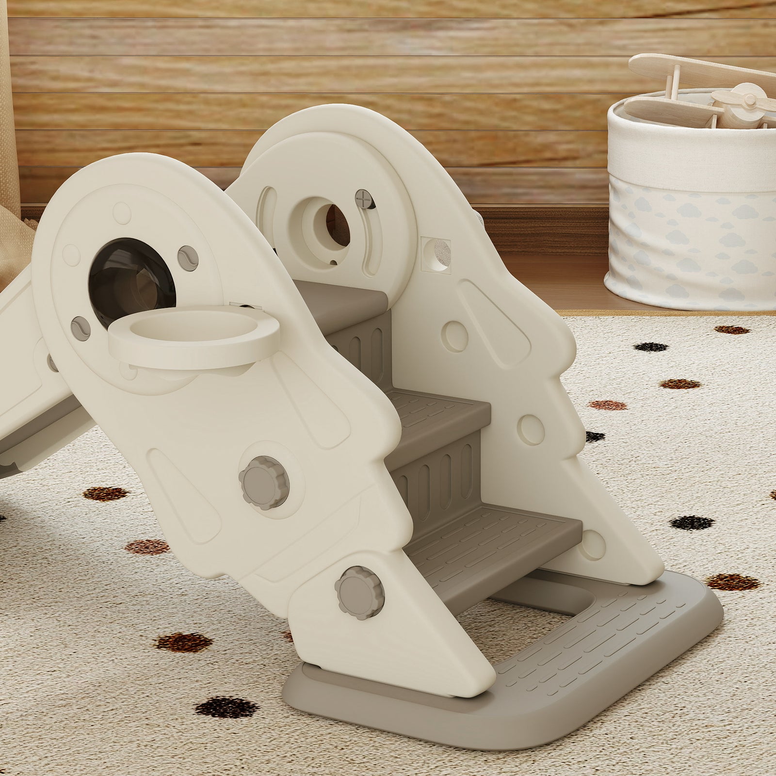 Aiyaplay 3 In1 Kids Slide With Basketball Hoop, Climber, Cream White