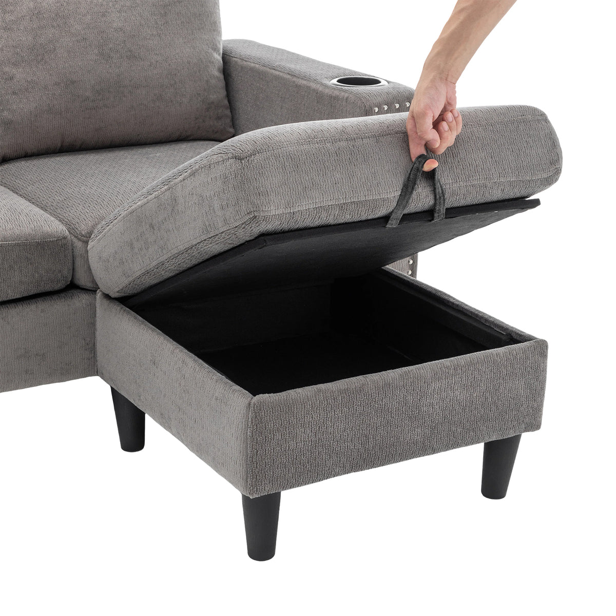 Chenille Upholstered L-shaped 3-seater Sectional Sofa With Ottoman | Grey
