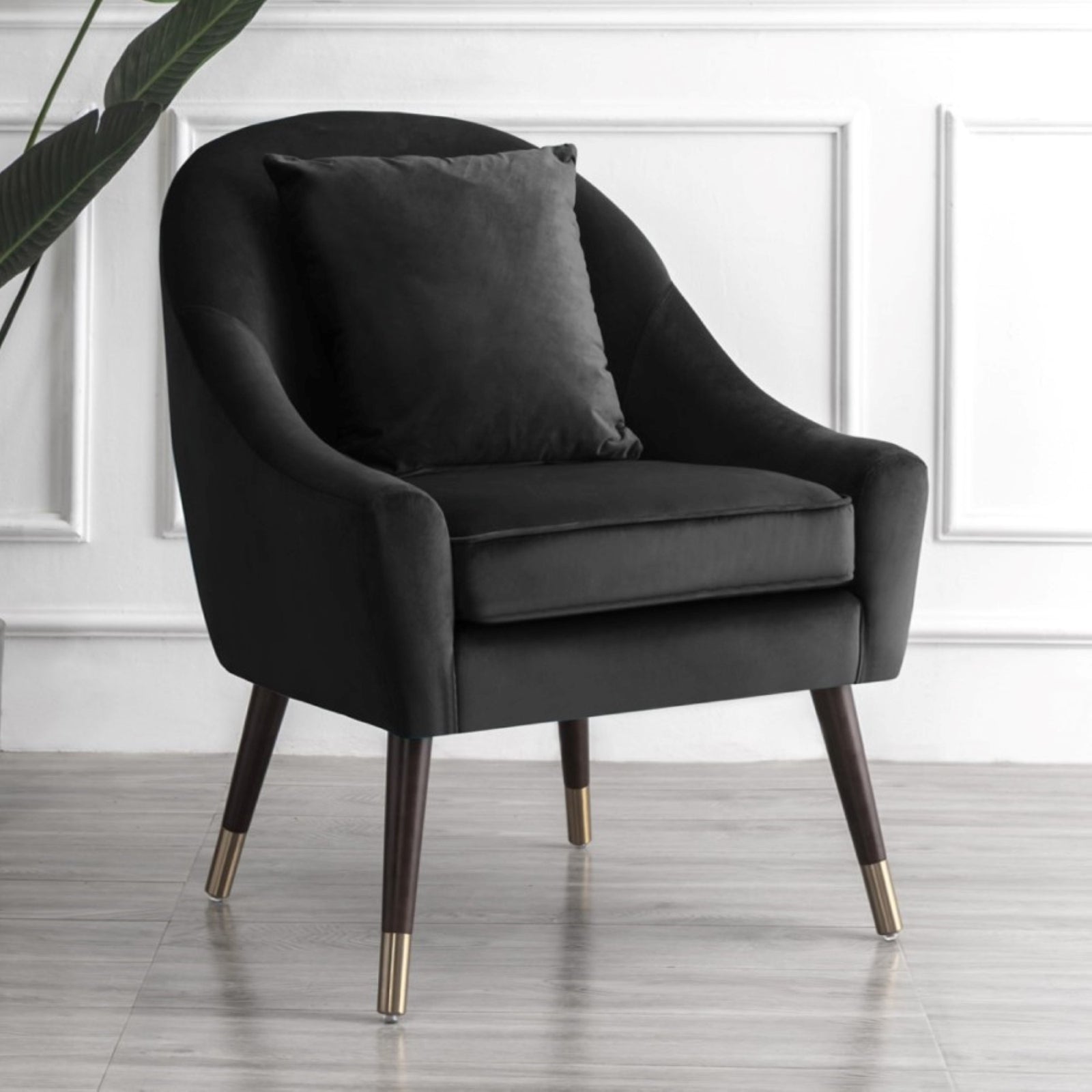Octavia 74cm Wide Pillow Back Velvet Fabric Accent Chair With Steel Tipped Walnut Colour Wooden Legs | Black