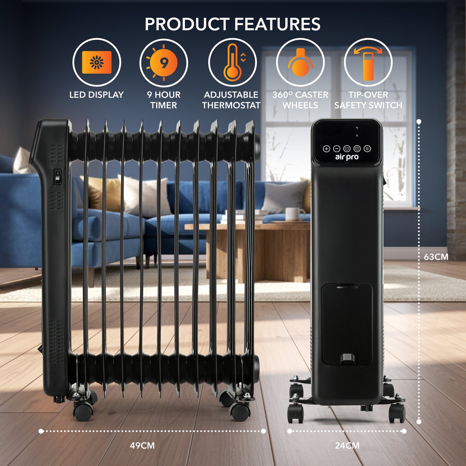 Oil-filled Electric Radiator 2500w, Adjustable Thermostat, 3 Settings | Black