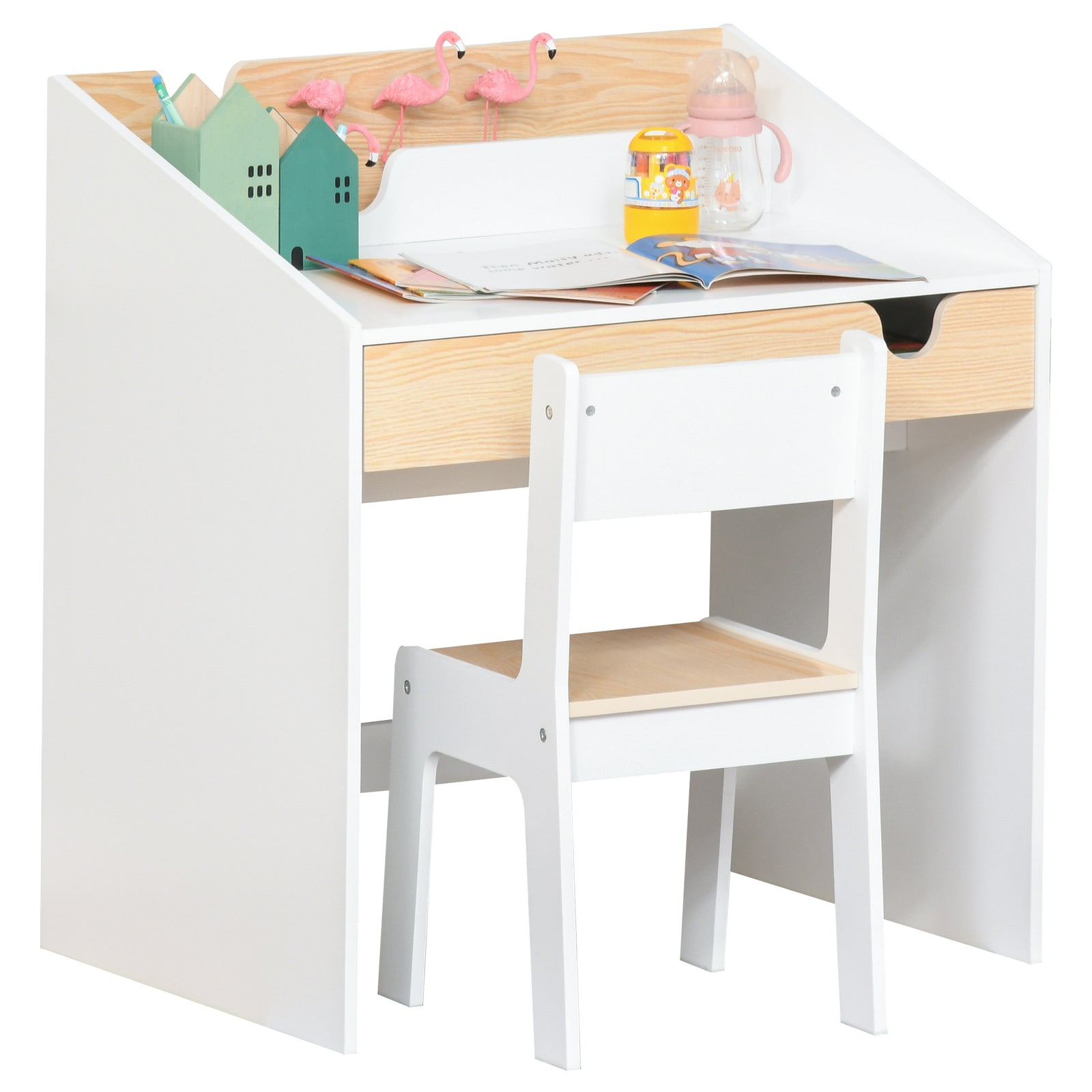 Two-piece Kids Desk And Chair Set Children Study Table W/ Storage