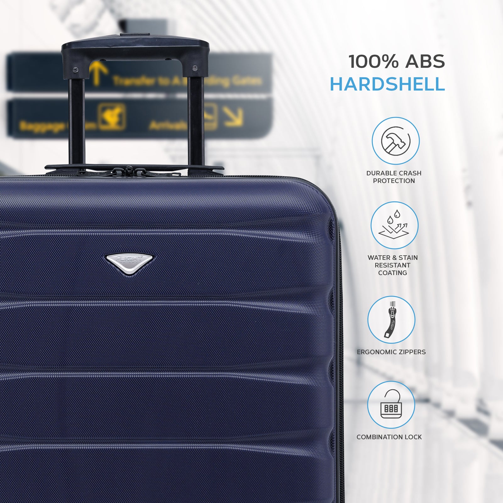 56x45x25cm Hard Cabin Suitcase - Lightweight 2-Wheel ABS Carry On Hand Luggage | Cabin | Navy Blue