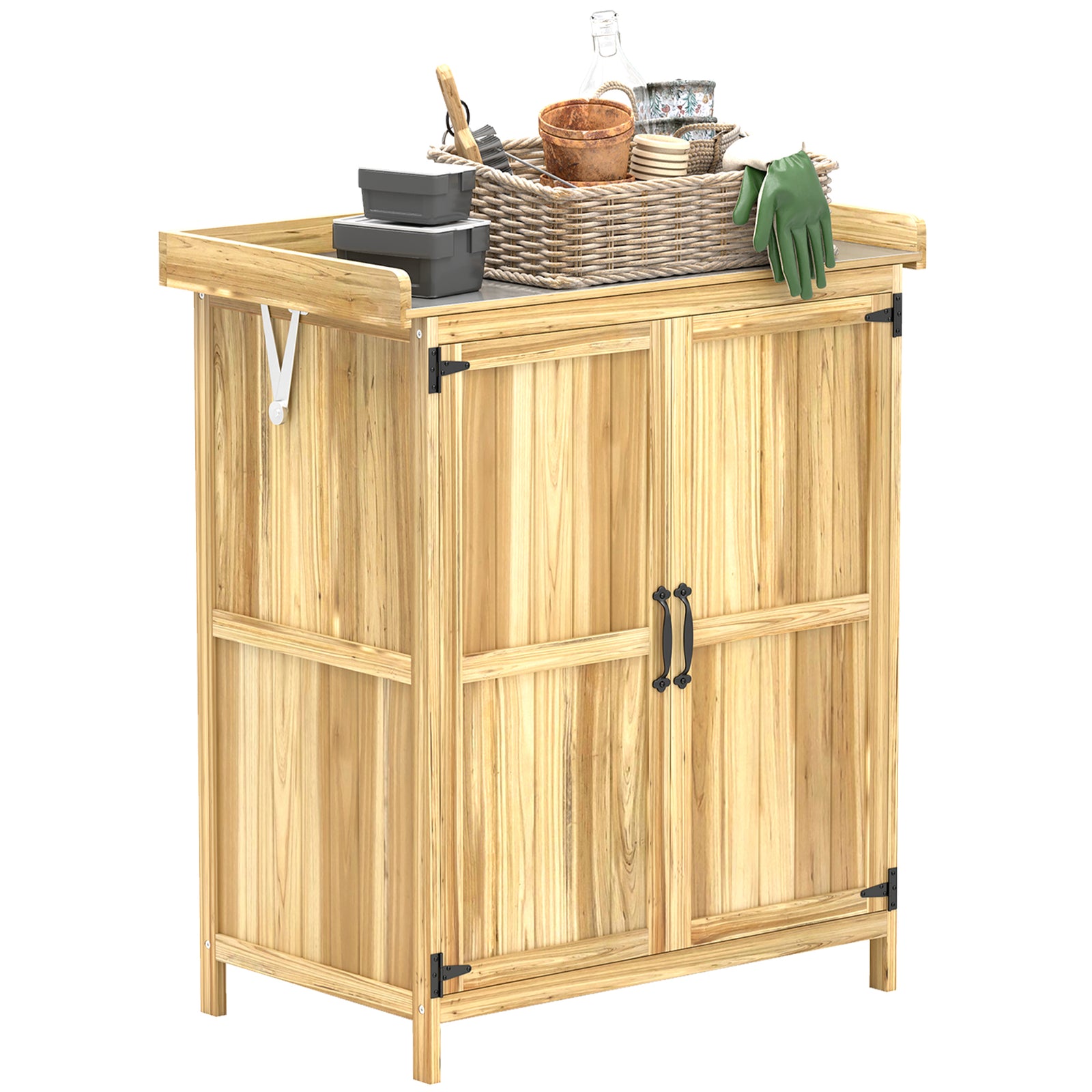 Wooden Garden Storage Shed W/hinged Roof And Shelf | Natural