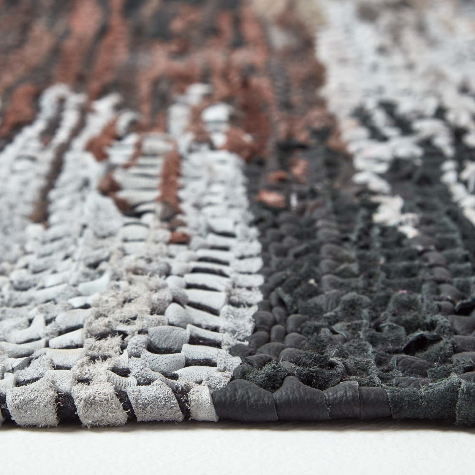 Black, Grey & Brown Real Leather Handwoven Cutshuttle Rug | 200cm | Black & Brown