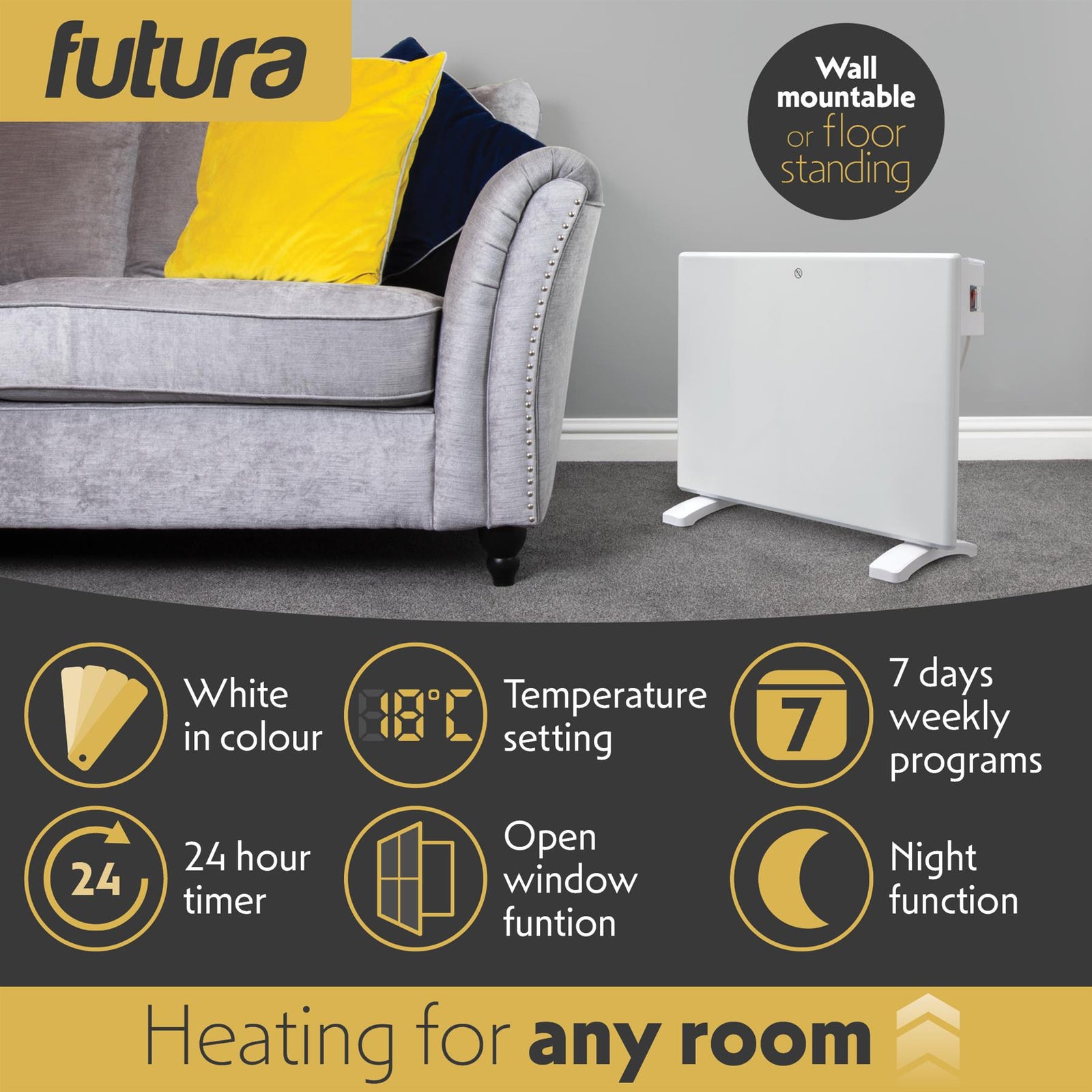 Electric Radiator Panel Heater Wall Mounted Or Floor Standing Bathroom Safe Timer And Thermostat Control | 1000w | White