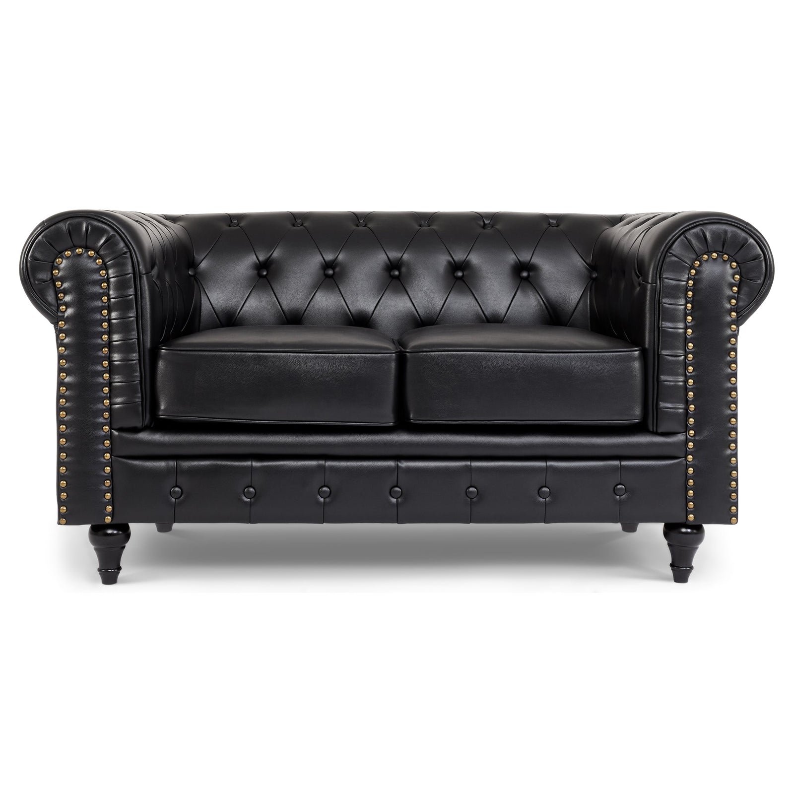 Button Tufted Faux Leather Living Room Sofa - 2 Seater | Black