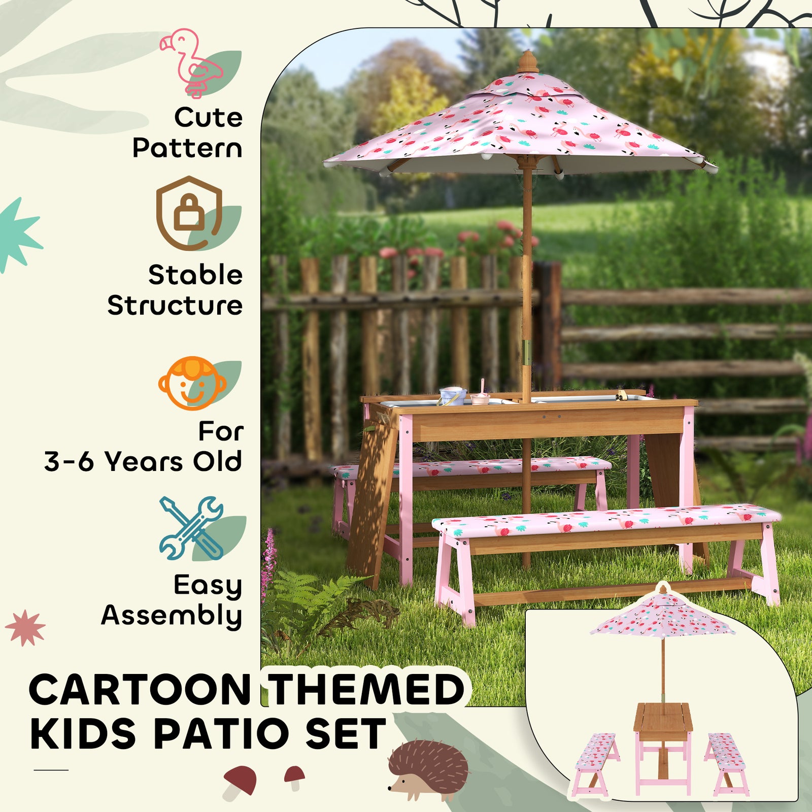 Kids Picnic Table, Garden Table And Bench Set W/ Umbrella, Boxes, Pink