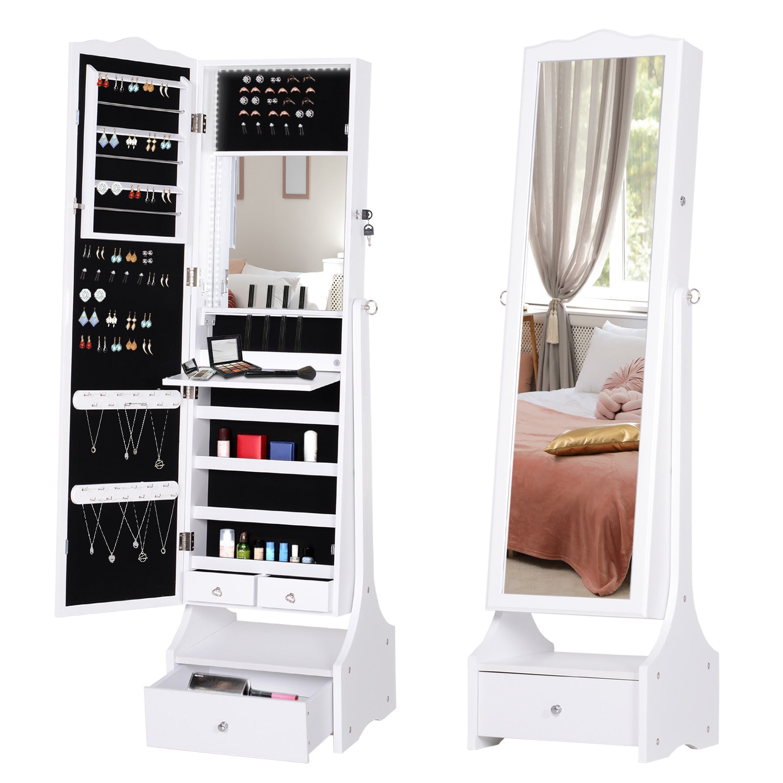 Mirrored Jewelry Cabinet Armoire Floor Standing W/ Lock