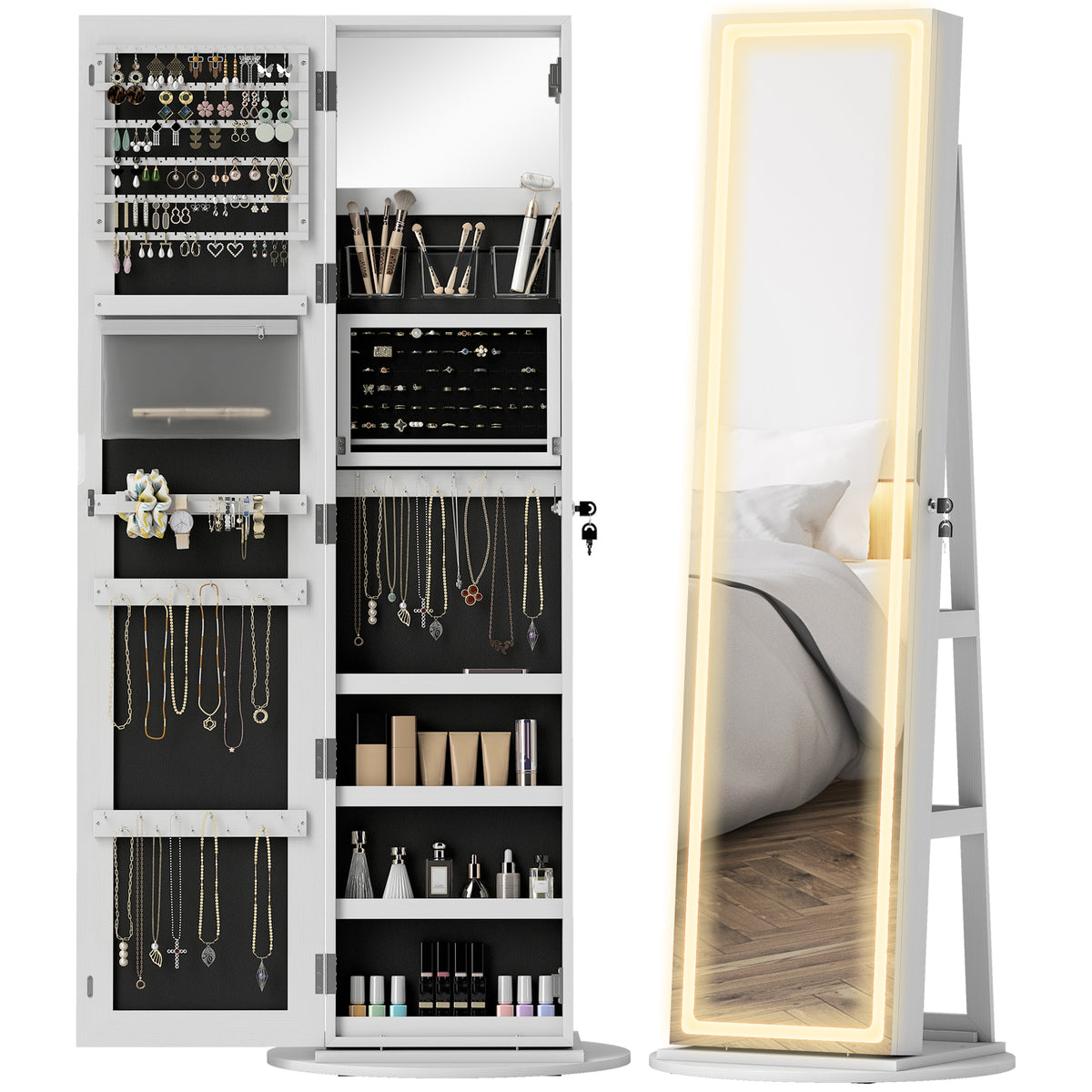 HOMCOM Jewellery Cabinet, Full Length Mirror With Storage, White