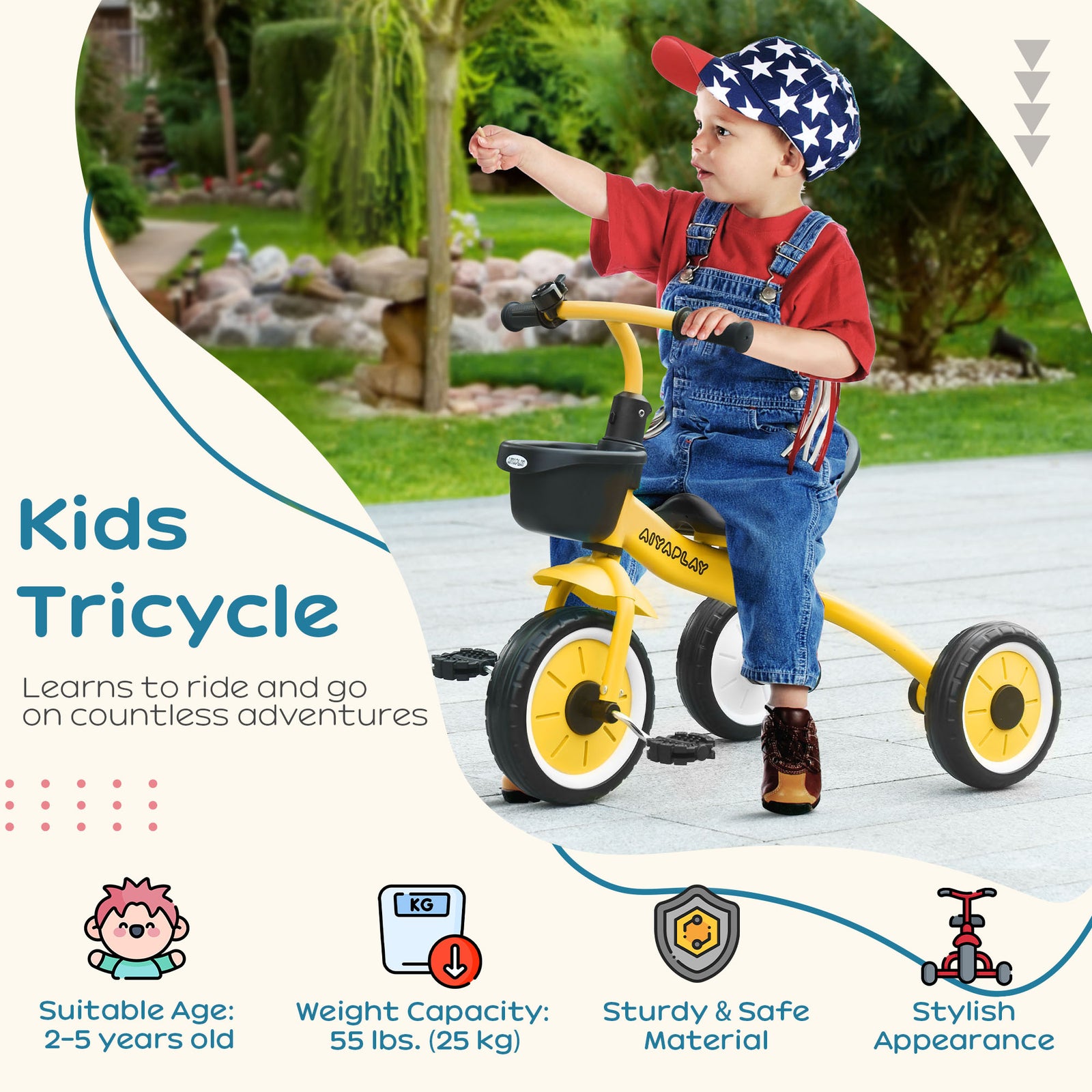 Trike W/ Adjustable Seat Basket, Kids Tricycle For 2-5 Years Old | Yellow