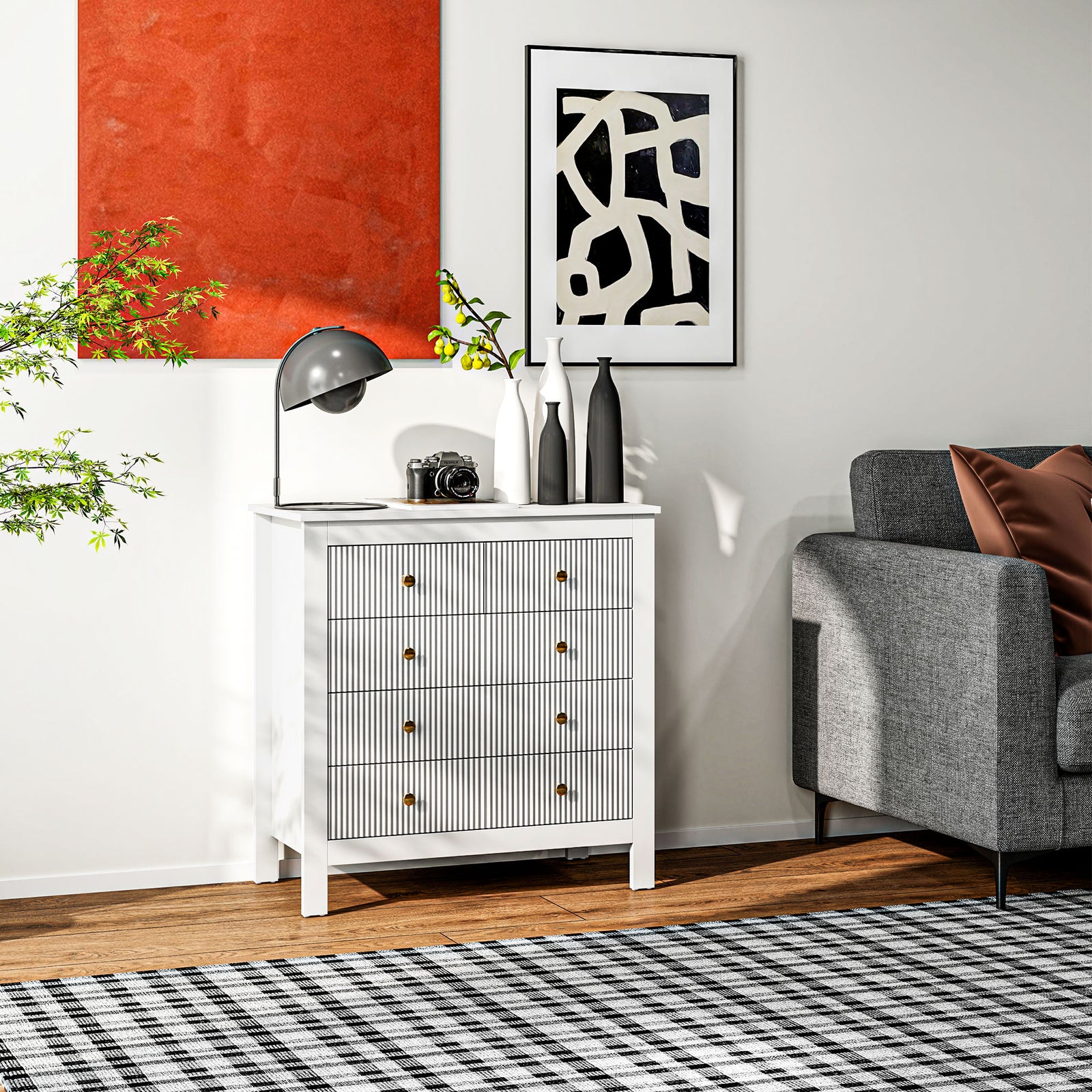 Fluted Bedroom Chest Of Drawers W/ 5 Drawers Gold Tone | One Size | White