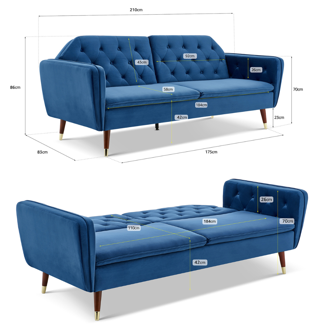 Velvet Click Clack Button Back Sofa Bed - 3 Seater | Blue