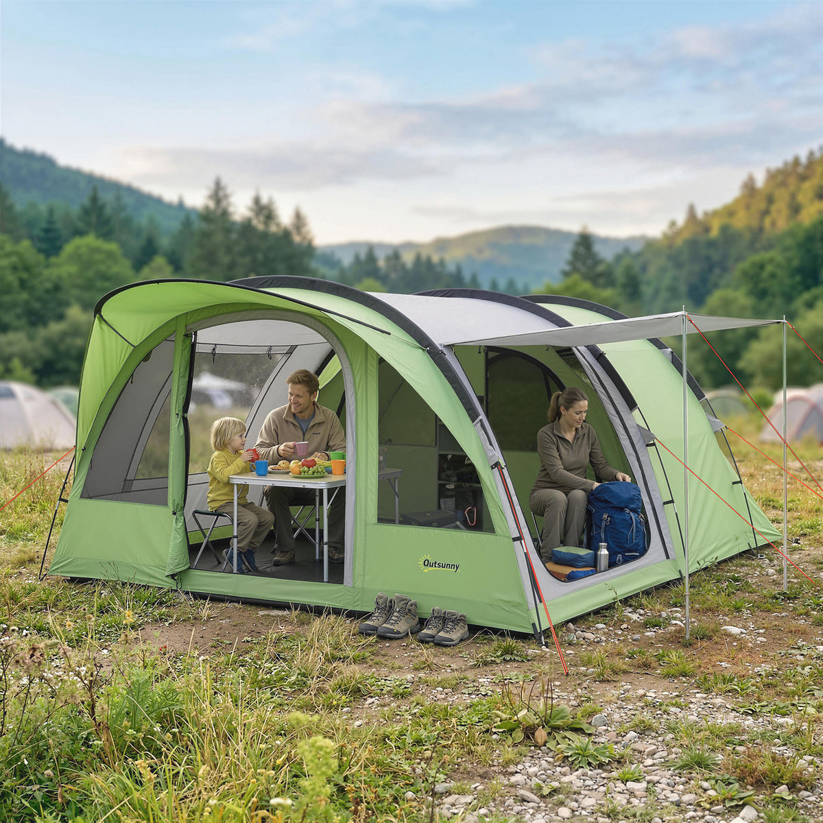 Family Camping Tent Waterproof Tunnel Tent 4 Person | Green