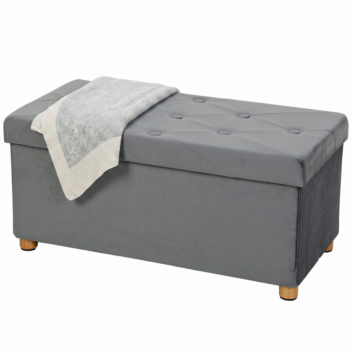 Velvet Upholstered Foldable Ottoman Footrest With Wood Legs | Grey