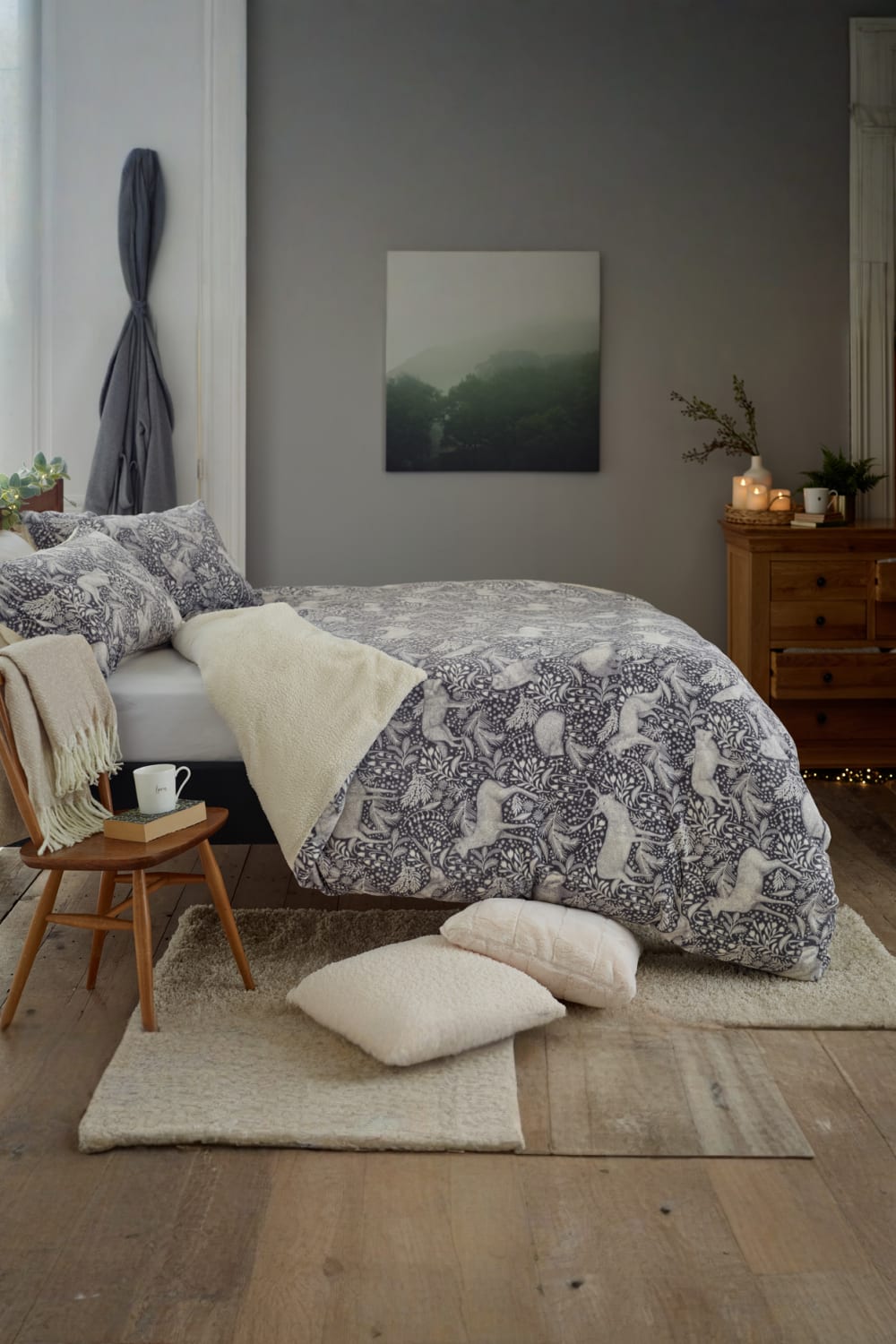 Woodland Folk Fleece Duvet Cover Set With Sherpa Reverse – Nature-inspired Cosy Bedding | Single | Grey