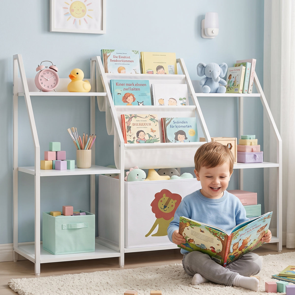AIYAPLAY Kids Bookshelf And Toy Storage With 3-tier Sling Book Rack, White
