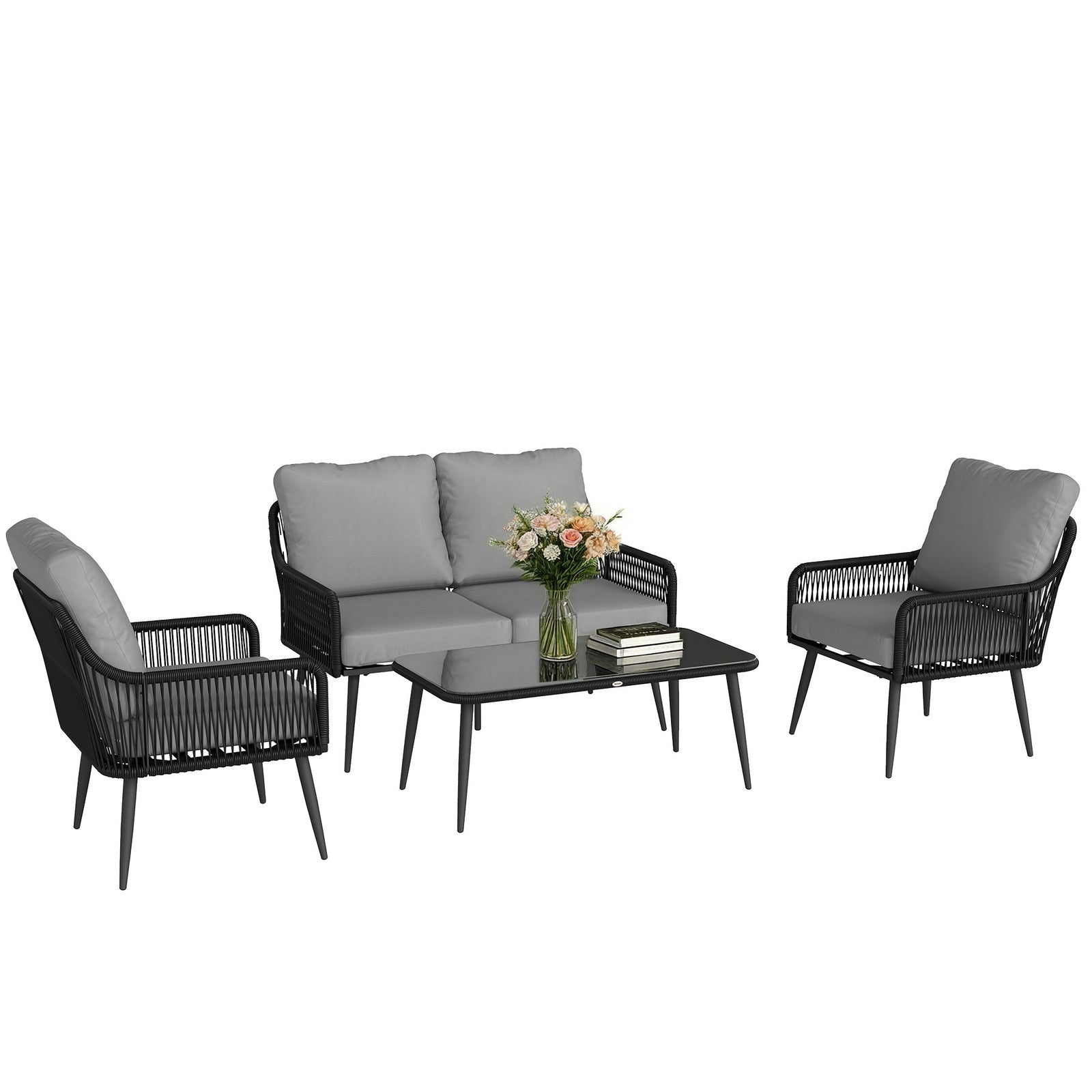 Rattan Garden Furniture Set, Tempered Glass With 3 Chairs | Black