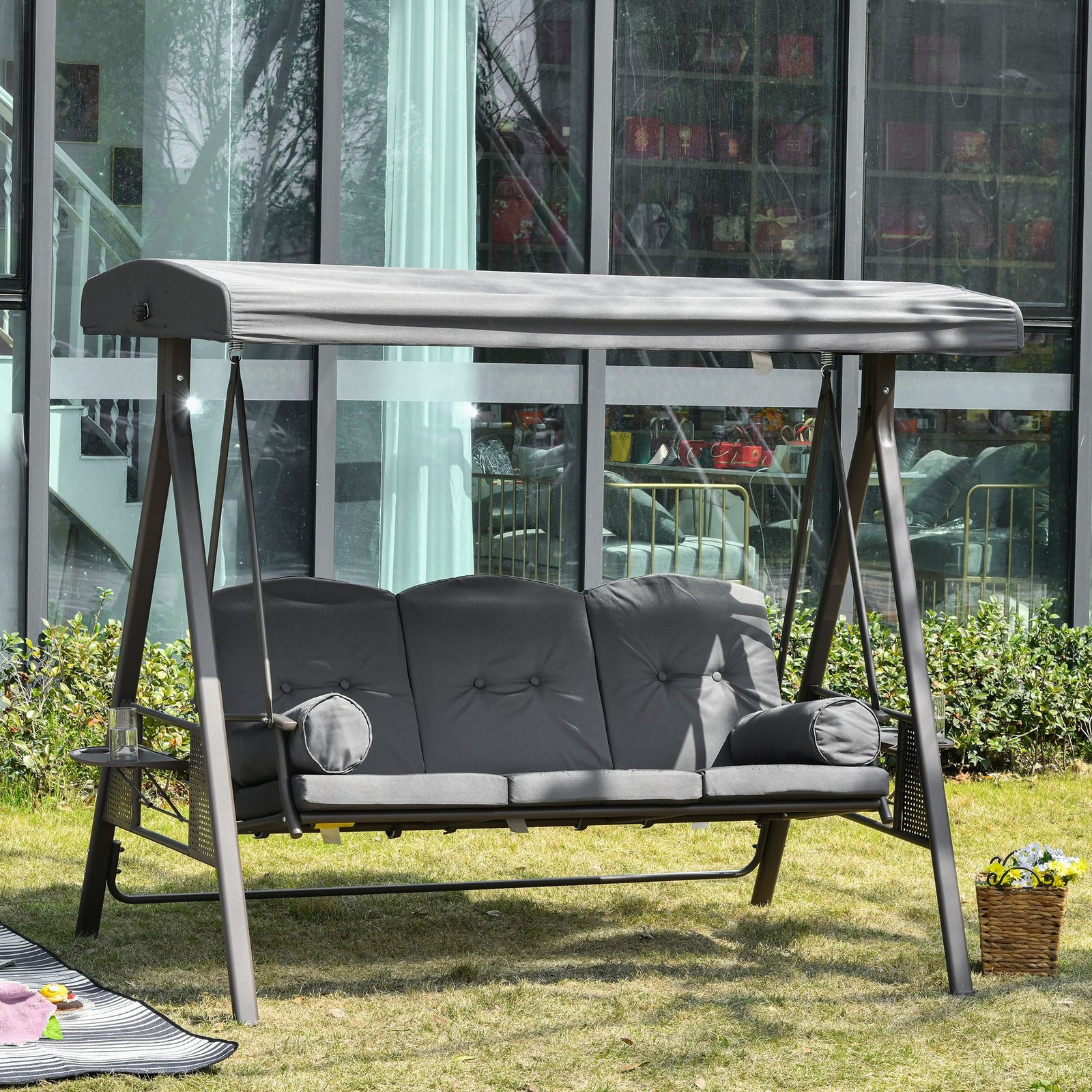 Outdoor 3 Seat Garden Swing Chair Steel Swing Hammock Bench